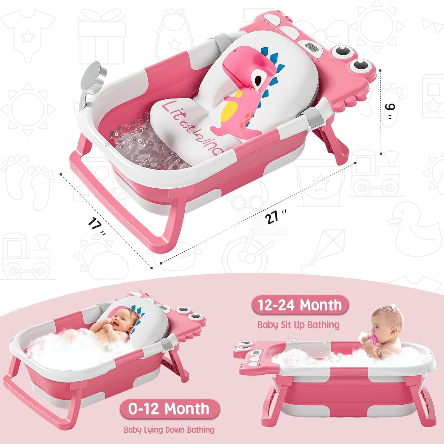 MoreFeel Collapsible Baby Bathtub for Newborn with Thermometer & 1 Hooded Towel & 1 Soft Floating Cushion,Portable Travel Bathtub with Drain Hole, Durable Foldable Baby Tubs for Infants to Toddler
