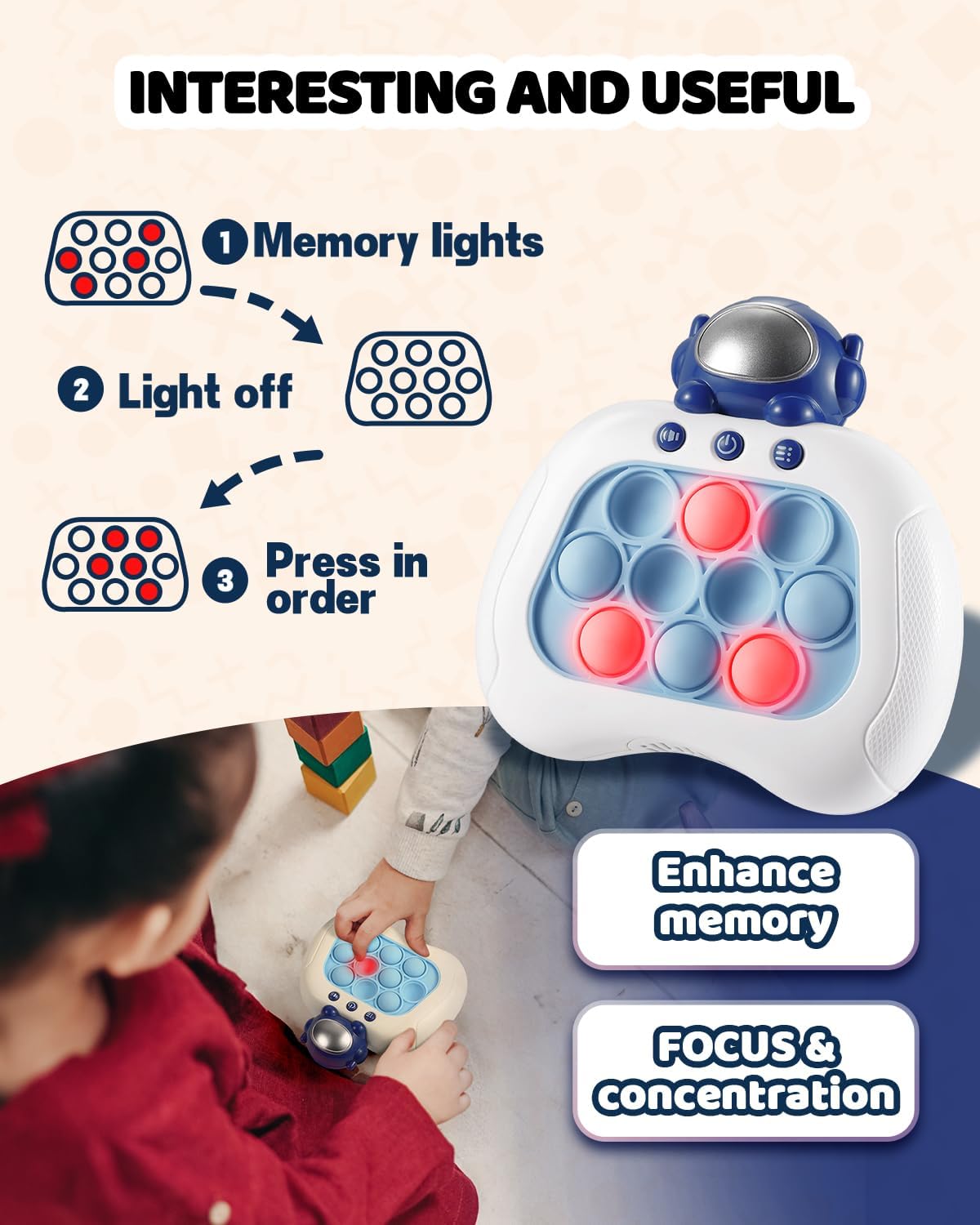 Quick Push Game Console,4 Modes Games, A Toy Game Machine That Exercises Reaction Ability and Improves Concentration |Teens Boys & Girls Ages 3-12 Years Old & Up (Light Blue)