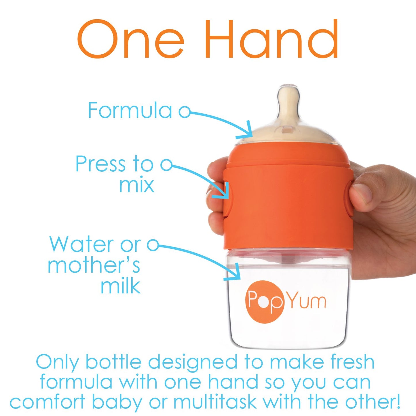 PopYum Orange Formula Making Baby Bottle Starter Set, 4-Pack, 2X 5oz Bottles with #1 Slow Flow Nipples + 2X 9oz Bottles with #2 Medium Flow Nipples
