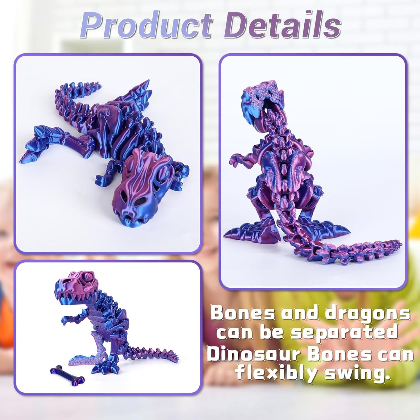 3D Printed Dinosaur Bone Skeleton Tyrannosaurus Rex with Movable Jaw Fidget Dinosaur Toys Full Articulated Dinosaur Executive Desk Toys Home Office Decor, Blue