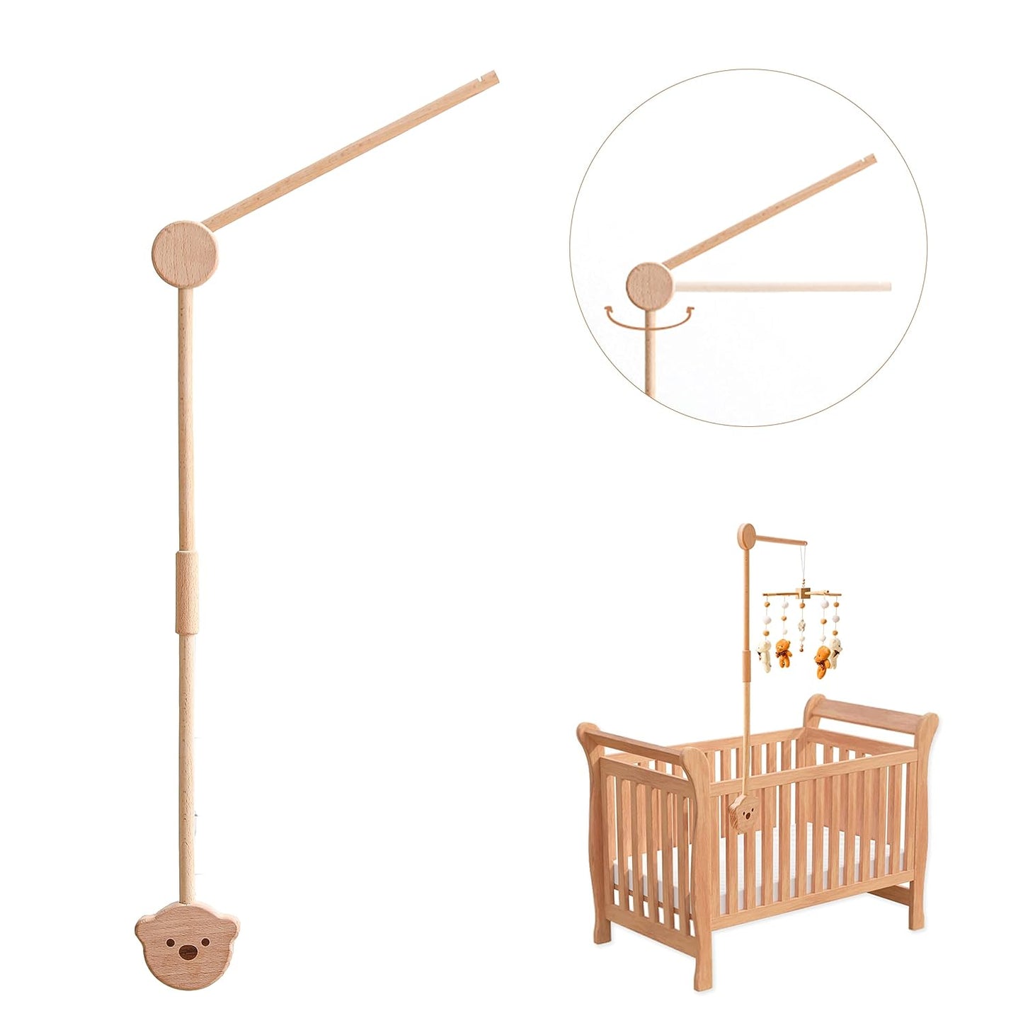 Wooden Crib Mobile Arm | Crib Mobile Holder | Nursery Mobile Hanger Cartoon Bear | Rotatable Height Adjustable Hanging Fits Wide or Thick Railings Baby Shower Gift Nursery Decoration