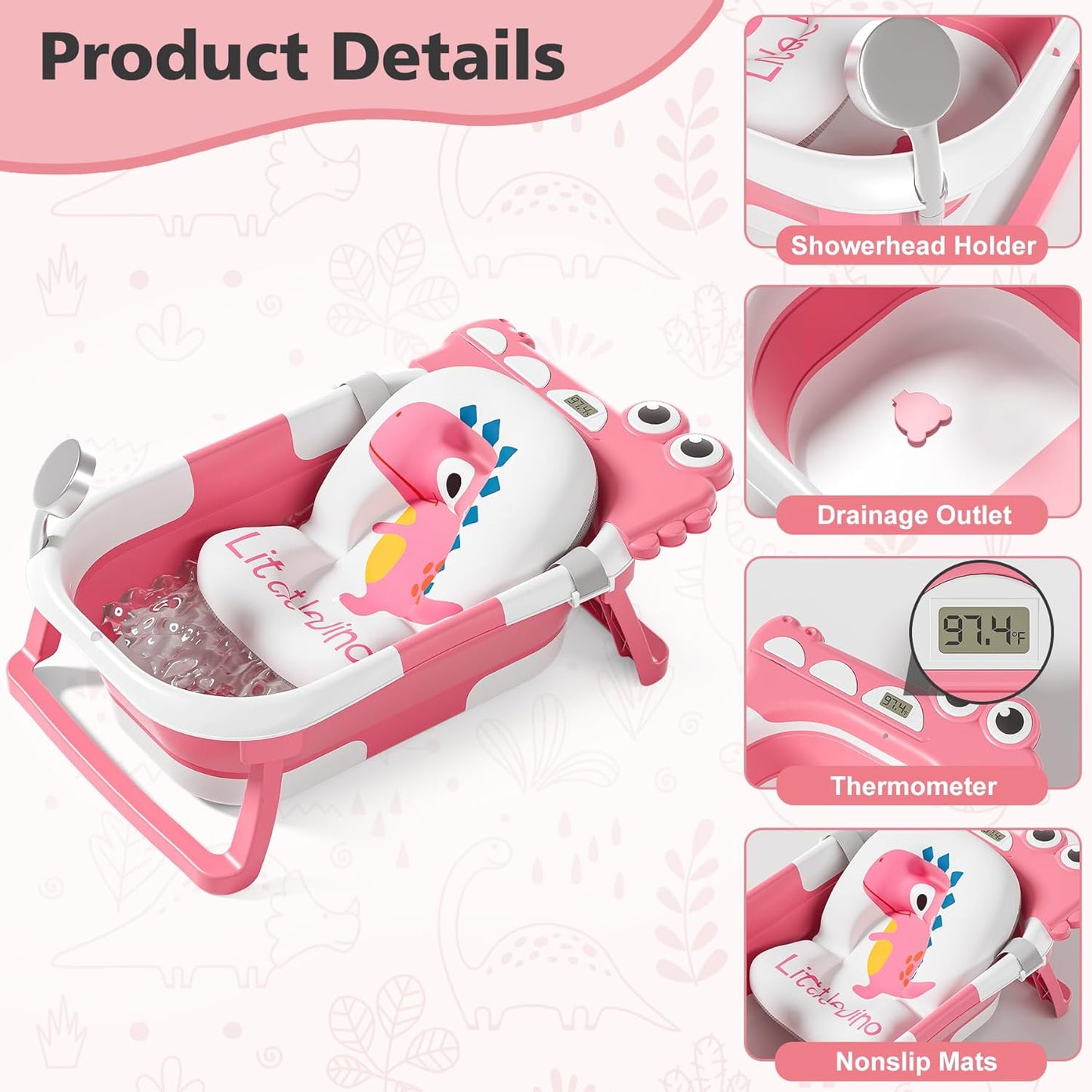 Collapsible Baby Bathtub for Newborn, Foldable Baby Bath Tub with Thermometer & Soft Floating Cushion & Drain Hole, Portable Travel Infant Bath Tubs for Newborns to Toddler 0-36 Months Girl, Pink