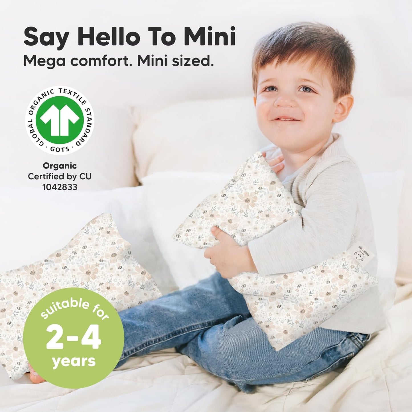 Mini Toddler Pillow with Pillowcase - 9x13 My Little Dreamy Travel Kids Pillow for Sleeping, Toddler Bed, Small, Tiny, Organic Cotton Pillowcase, Soft & Breathable, Kids 2-4 Years Old (Flora Vale)