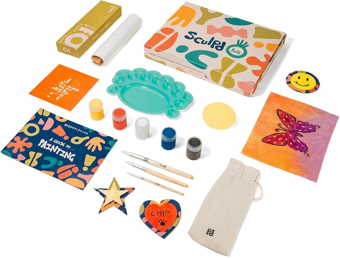 Sculpd Kids Painting Kit, Paint Craft Set for Kids Age 7+, Includes 5 Color Paint Set, Paintbrushes, Magnetic Picture Frame, 2 Canvases, Paint Palette, Additional Art Supplies and Free Guidebook