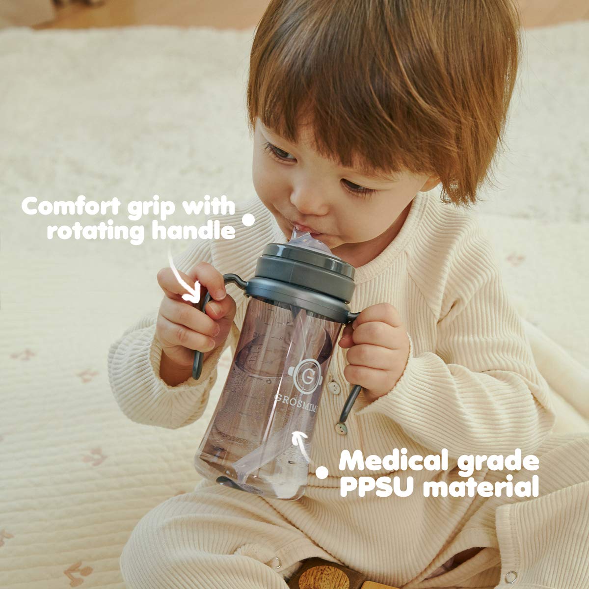 GROSMIMI Spill Proof no Spill Magic Sippy Cup with Straw with Handle for Baby and Toddlers, Customizable, PPSU, BPA Free 10 oz (Sky blue)