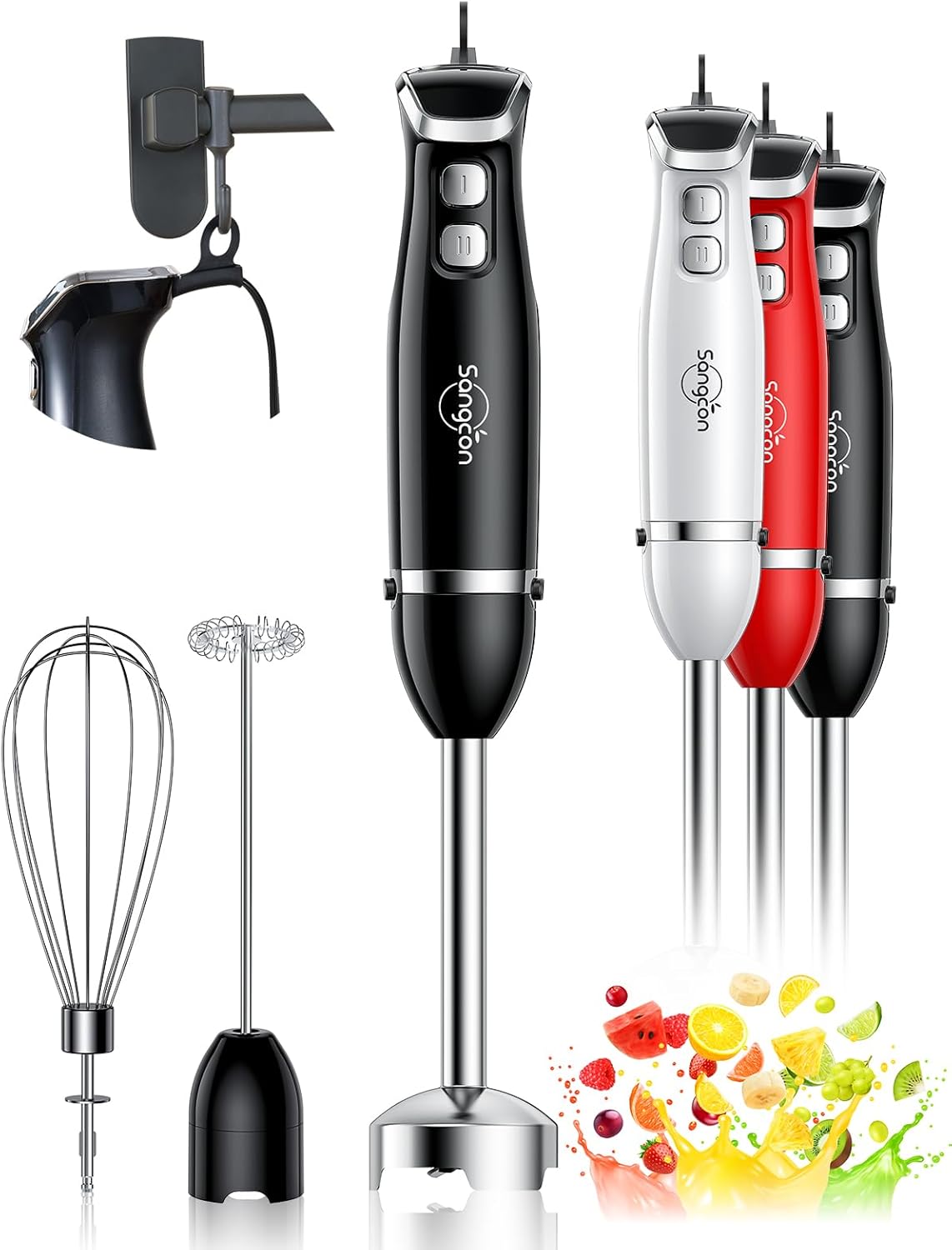 Sangcon Immersion Blender Handheld, 3-in-1 Hand Blender Electric, 400W Handheld Blender, Stainless Steel Blade Stick Mixer with Whisk, Milk Frother Attachments - Black