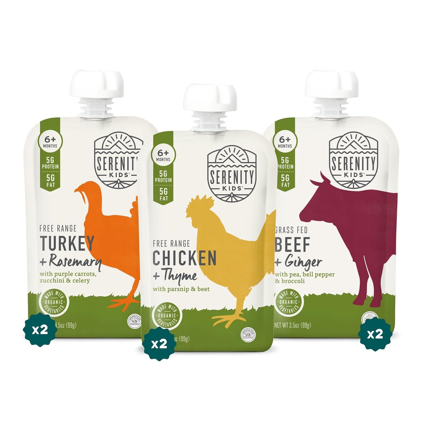 Serenity Kids 6+ Months Baby Food Pouches Puree - BPA-Free Meats & Herbs - Organic Baby Food Puree with Meat & Veggies - 3.5 Oz, 6 Pack