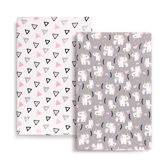 Stretchy Ultra Soft Jersey Knit Fitted Pack n Play Playard Sheets Set 2 Pack, Fits Portable/Mini Cribs Sheets, Playards Mattress Pads, Pink Simple Triangle/Dream Unicorn for Girls