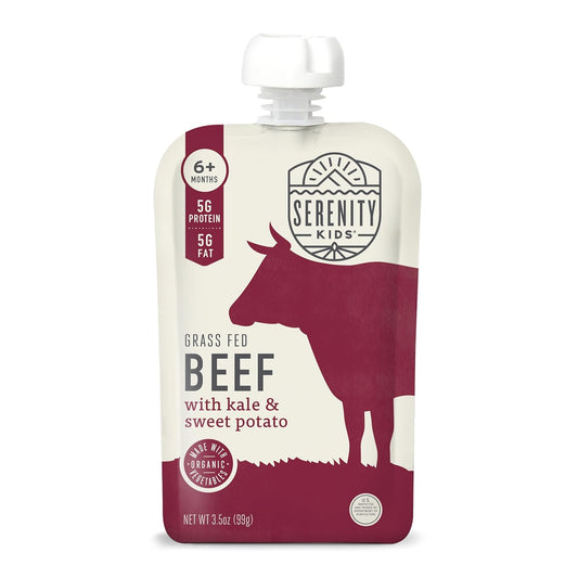 Serenity Kids 6+ Months Baby Food Pouch Puree - Grass Fed Beef, Kale & Sweet Potato - Ethically Sourced Meat & Organic Veggies - BPA-Free, 3.5 Ounce, 12 Count