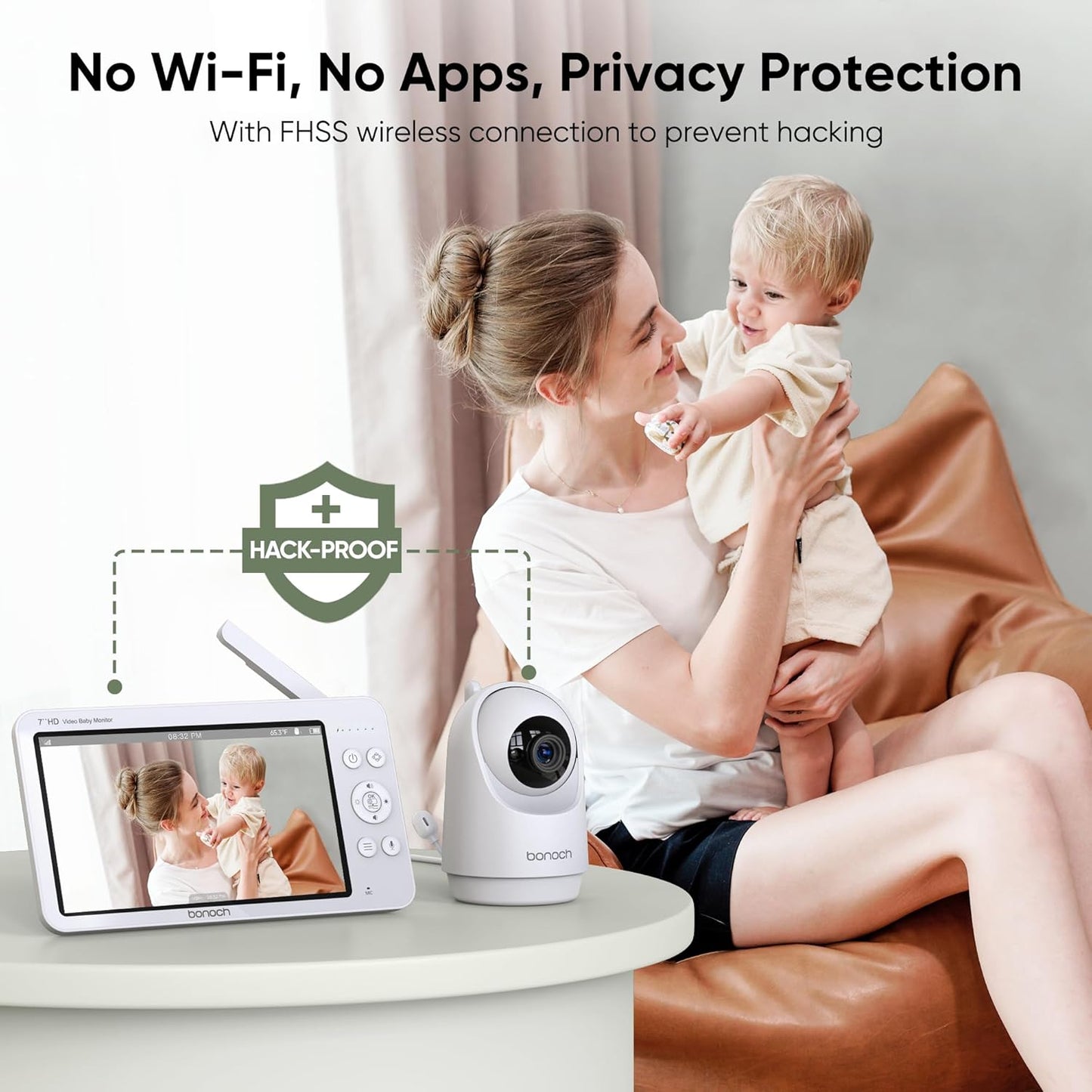 bonoch MegaView Baby Monitor with Camera and Audio, 7" 720P HD Video Baby Monitor No WiFi, 6000mAh Battery, VOX Mode, Auto Night Vision, Hack Proof, Remote PTZ, Baby Camera Monitor