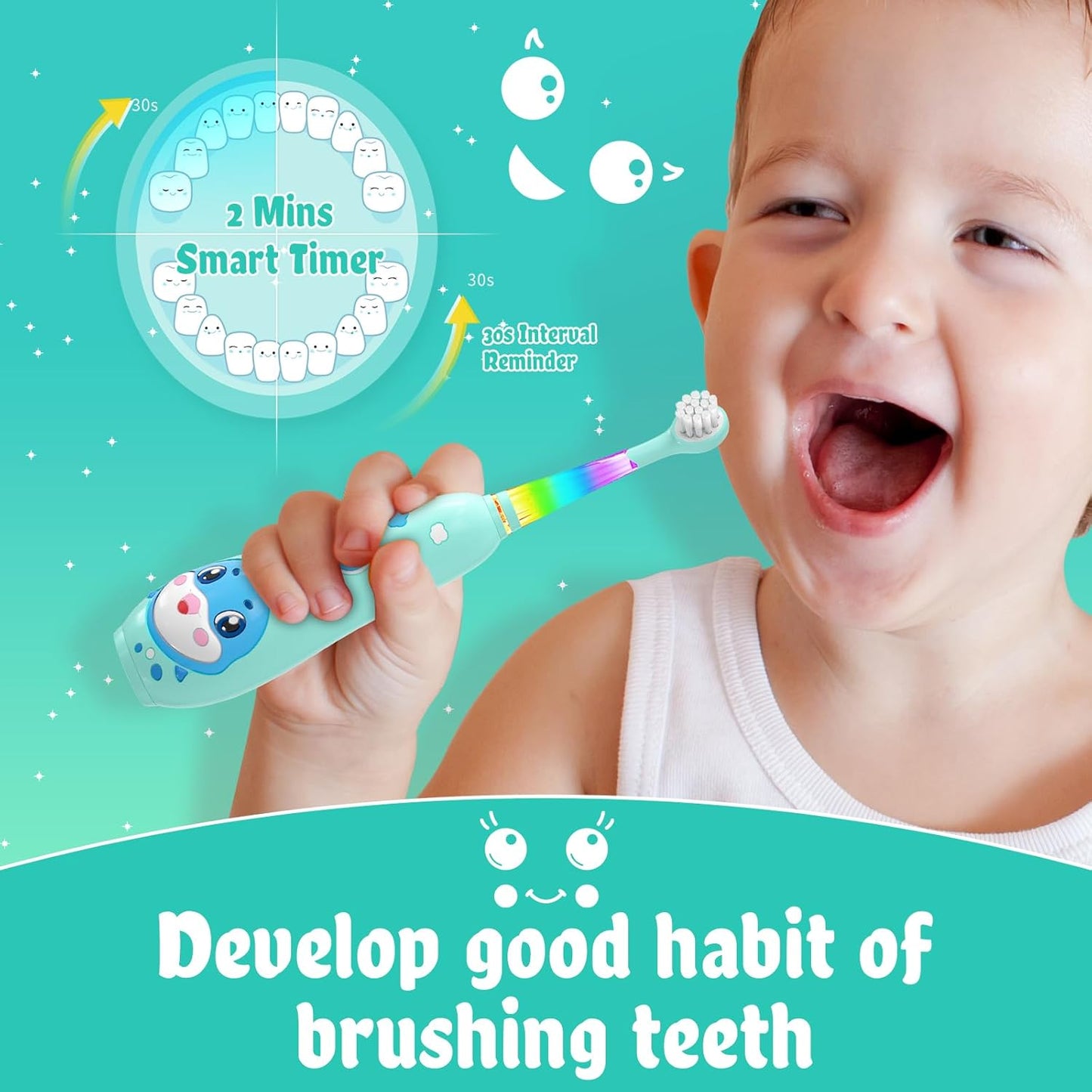 SEAGO Kids Electric Toothbrushes Rechargeable, Toddler Electric Toothbrush with Magnetic Charging, LED Observing Light, 8 Toothbrush Heads for Ages 2-4 -6 Boys Girls (Blue)