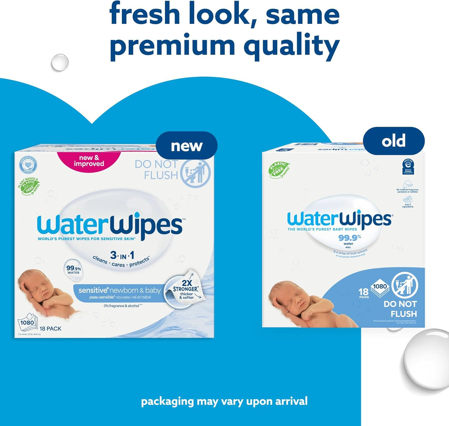 WaterWipes Sensitive+ Newborn & Baby Wipes, 3-In-1 Cleans, Cares, Protects, 99.9% Water, Unscented & Hypoallergenic, 1080 Count (18 Packs)