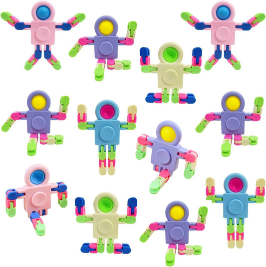12 Pack Fidget Sensory Spinner Toys， Transformable Chain Robot Fingertip Toy，Pinata Goodie Bag Stuffers Birthday Valentines Day Gifts for Kids,Treasure Box Classroom Prize (A)
