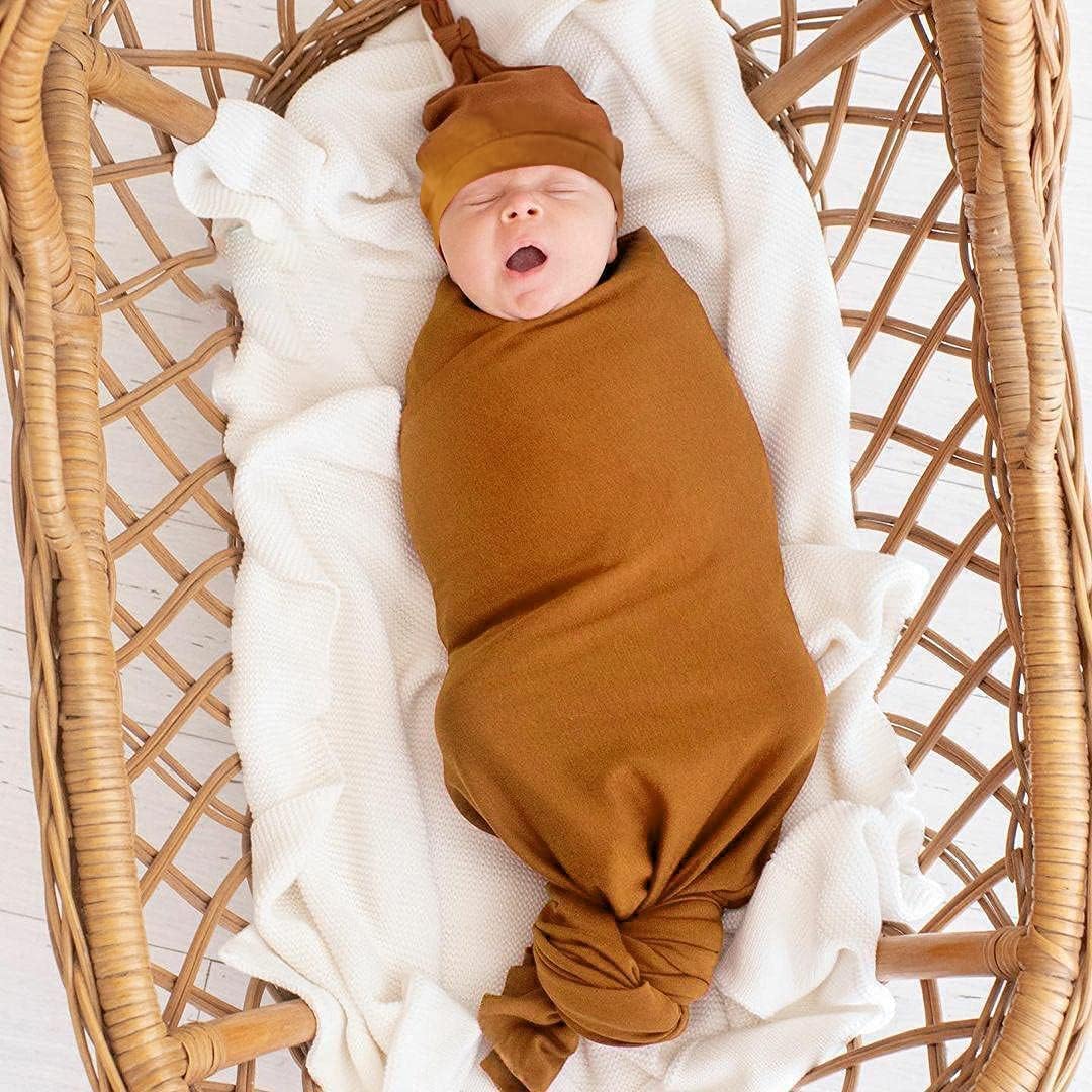 iEvolve Cotton Knitted Baby Swaddle Blanket with Hat Headband Set Newborn Swaddle Wrap Receiving Blankets for Baby Girl Boy 35" x 35"(Beige)
