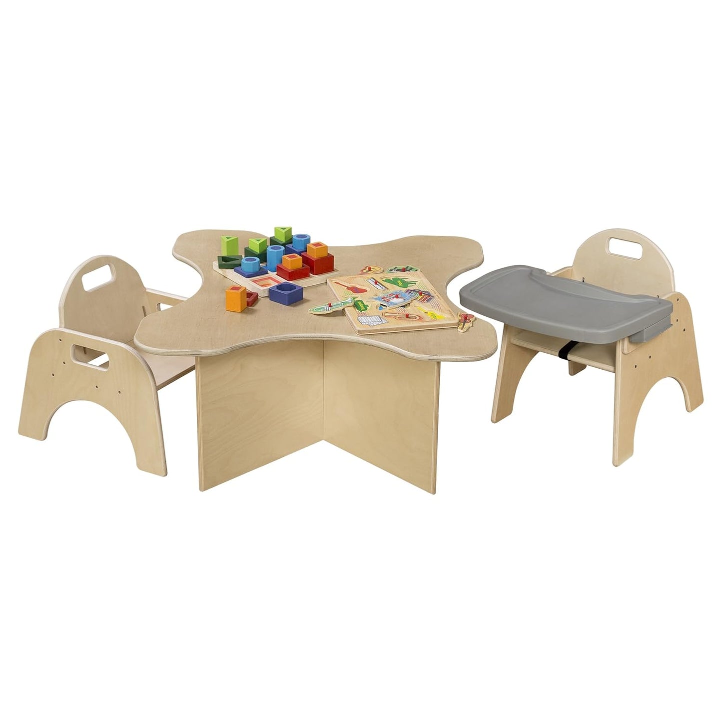 11'H Montessori Low Feeding Chair, Toddler Wooden Stackable Chair with Removable Tray, Safety Harness, Suitable for Ages 3-5