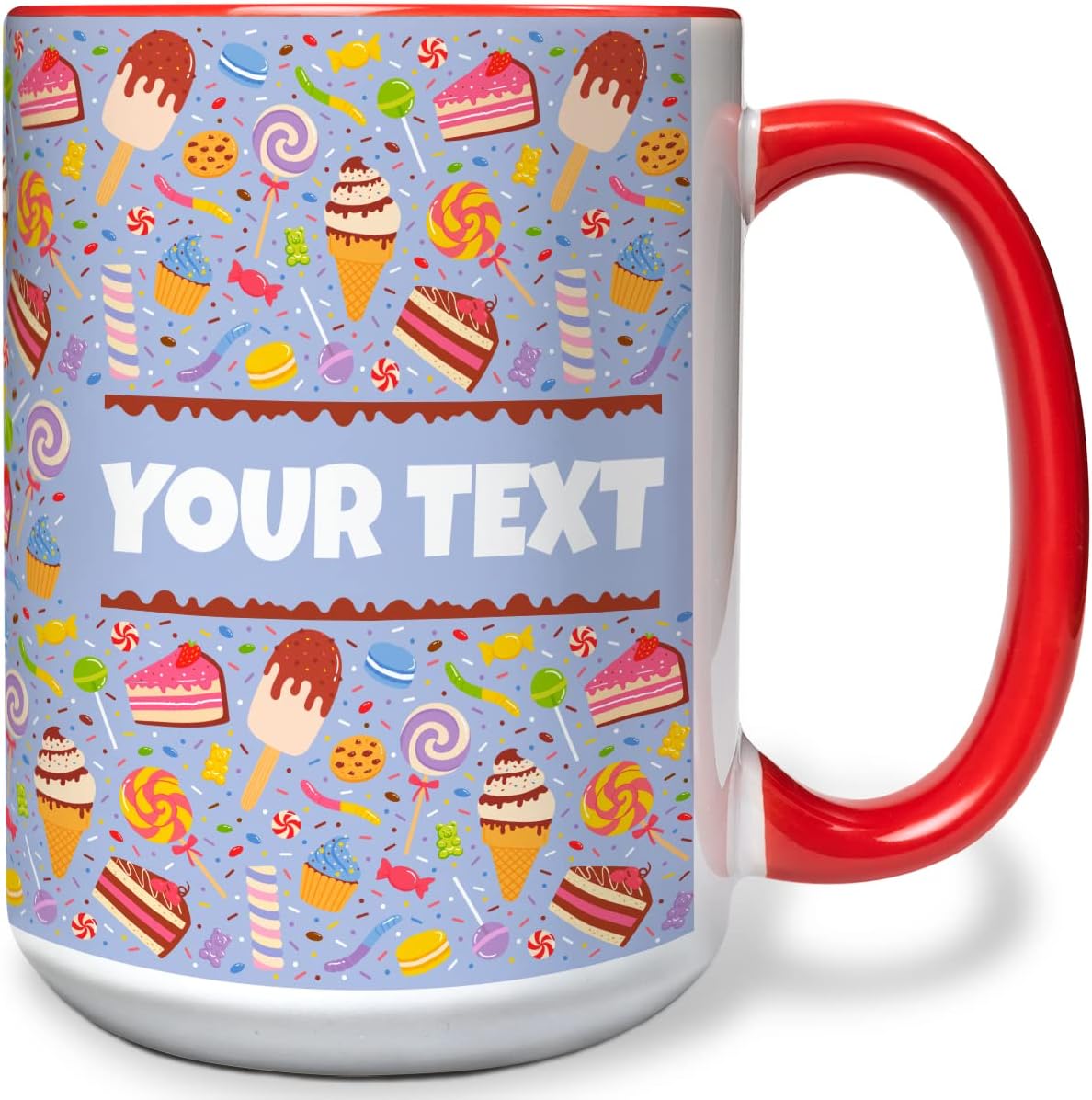Personalized Mug for Kids - Sweets - Custom Name/Text, Ceramic Hot Chocolate/Cocoa/Coffee Cup for Boys/Girls, Birthday/Christmas/Holiday Gift - 15 oz, Red Handle