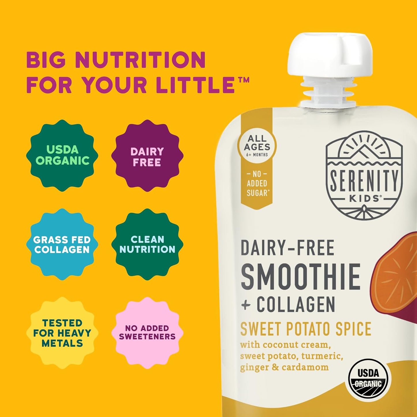 Serenity Kids 6+ Months Dairy-Free Smoothie Baby Food | USDA Organic | Grass Fed Collagen Protein | 3.5 Ounce BPA-Free Pouch | Sweet Potato Spice | 12 Count