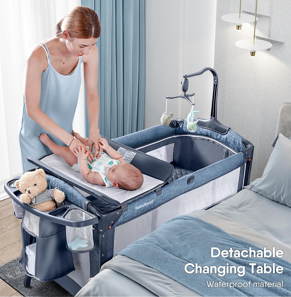 BabyBond Baby Bassinet Bedside Crib, Pack and Play with Sheet, Diaper Changing Table and Music Mobile from Newborn to Toddles, Portable Large Playard