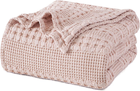 PHF 100% Cotton Waffle Weave Blanket King Size, Soft Lightweight Breathable Cozy Summer Blankets for Bed, Luxury Aesthetic Woven Bedding for Home Decor, 108"x90", Pink/Mauve