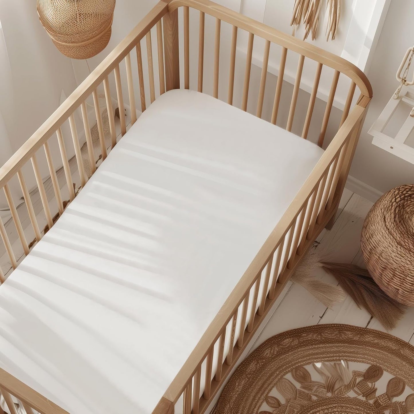 Organic All in One Crib Sheet and Mattress Protector - Waterproof Protectors - Reusable Washable – Fits Cribs – 52”x28”- with 9” Skirt White