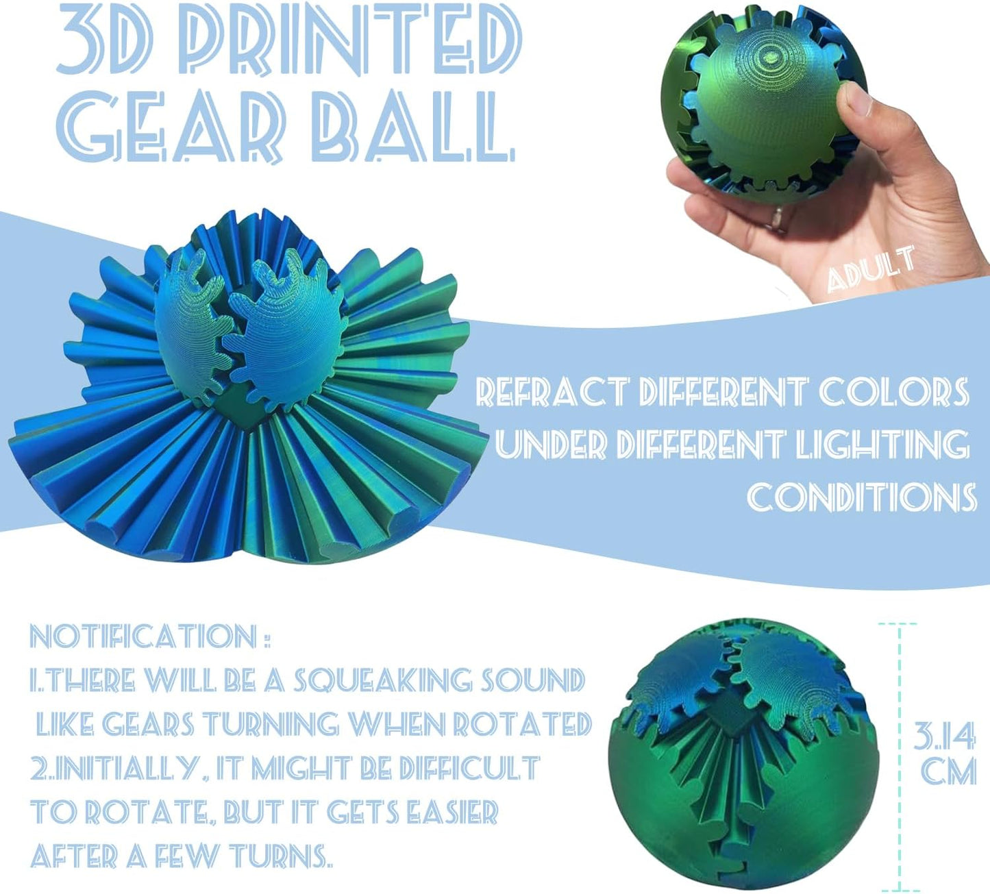 Gear Ball - GearSphere Fidget Toy, 2024 Gear Sphere Cube Puzzlefor Adults Kids Stress and Anxiety Relaxing,3D Printed Spin Ball or Cube Fidget Toy (Green+Blue)