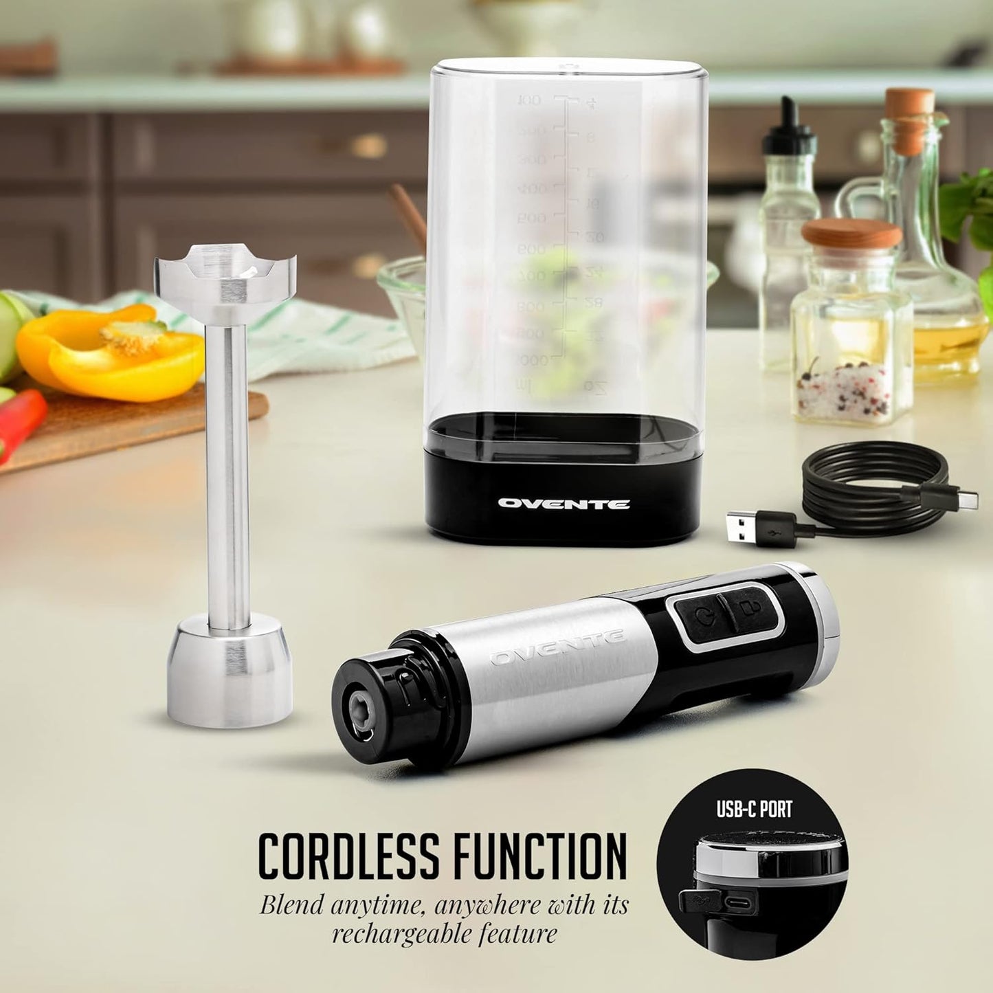 OVENTE Cordless Immersion Hand Blender, Rechargeable Handheld Portable Stick Mixer with 8 Mixing Speed Option, One-Touch Control and Stainless Steel Blades for Smoothies, Shakes or Soups, Black HR981B