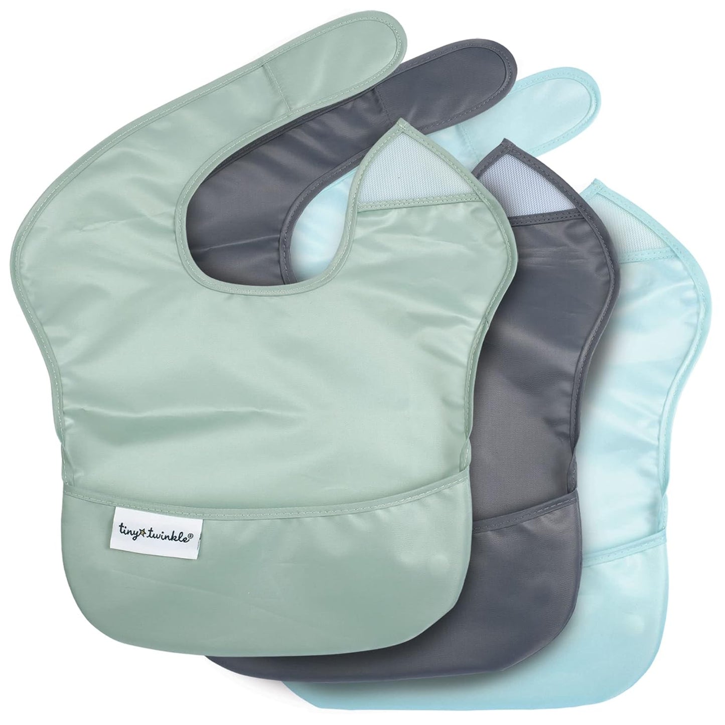 Tiny Twinkle Mess Proof Baby Bibs for Eating - Waterproof, Wipeable Bibs - Toddler Bibs - Travel Friendly - PFAS, PVC, BPA, Phthalate Free - Baby Food Bibs (3 Pack,Sage, Charcoal)
