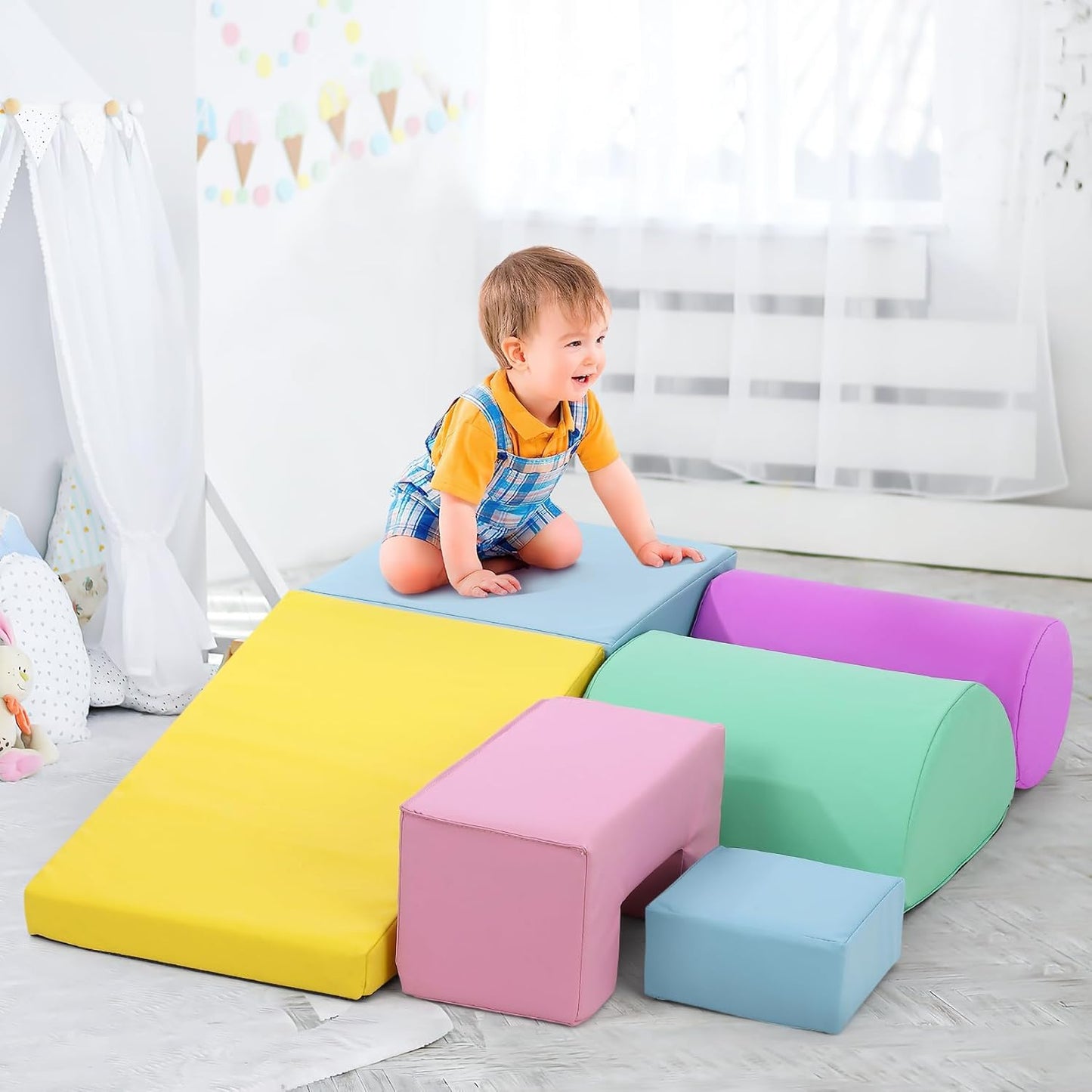 6-Piece Soft Toddlers Climbing Toys, Baby Foam Climbing Blocks for Babies Toddlers, Waterproof Foam Play Gym Climber Structures for Toddler 3, Indoor Climb and Crawl Activity Play Set (Suede Fabric)