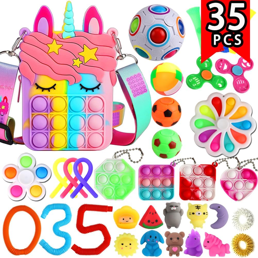 Fidget Purse, 35 Pack Fidget Toys Party Favors For Kids 8-12 Girl Gifts Pop Unicorn Bag With Spinner Autism Sensory Mini Toys Classroom Prizes Goodie Bag Birthday Xmas Stocking Stuffers For Teens Girl