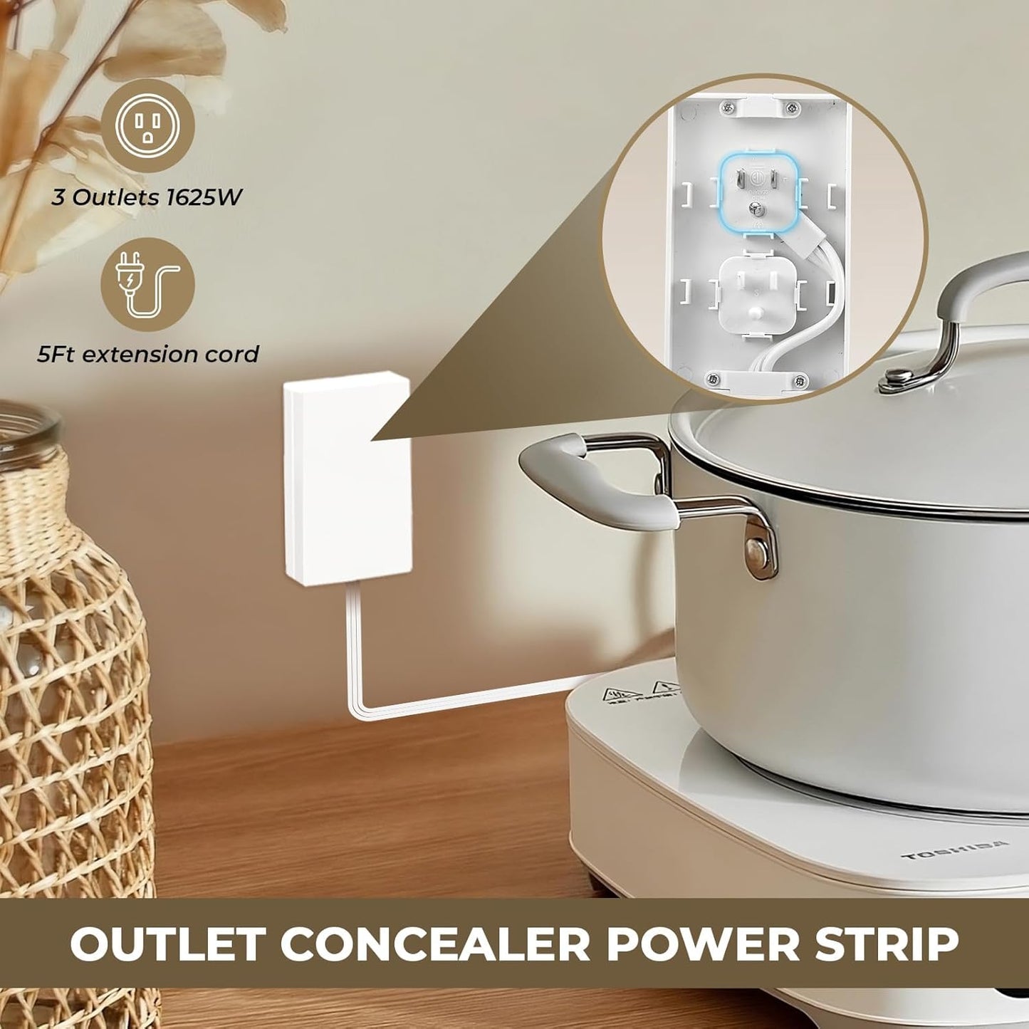 Outlet Concealer Power Strip | 5ft Flat Extension Cord | Ultra-Thin Outlet Cover Extension Cord with 3AC Outlets-,Universal Size,1625W for Kitchen, Home Improvement, Child & Pet Safe