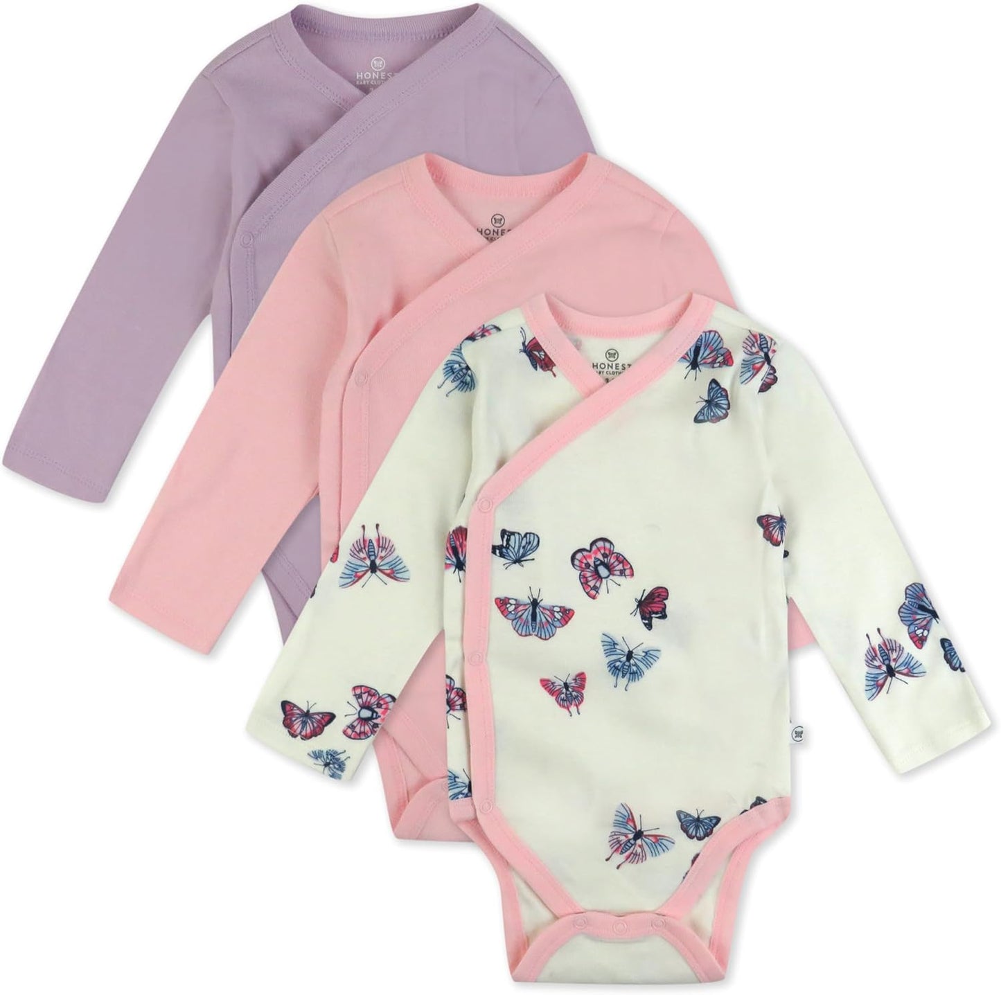 HonestBaby unisex-baby 3-pack Long Sleeve Side-snap Kimono Bodysuits Organic Cotton for Infant Baby Boys, Girls, Unisex