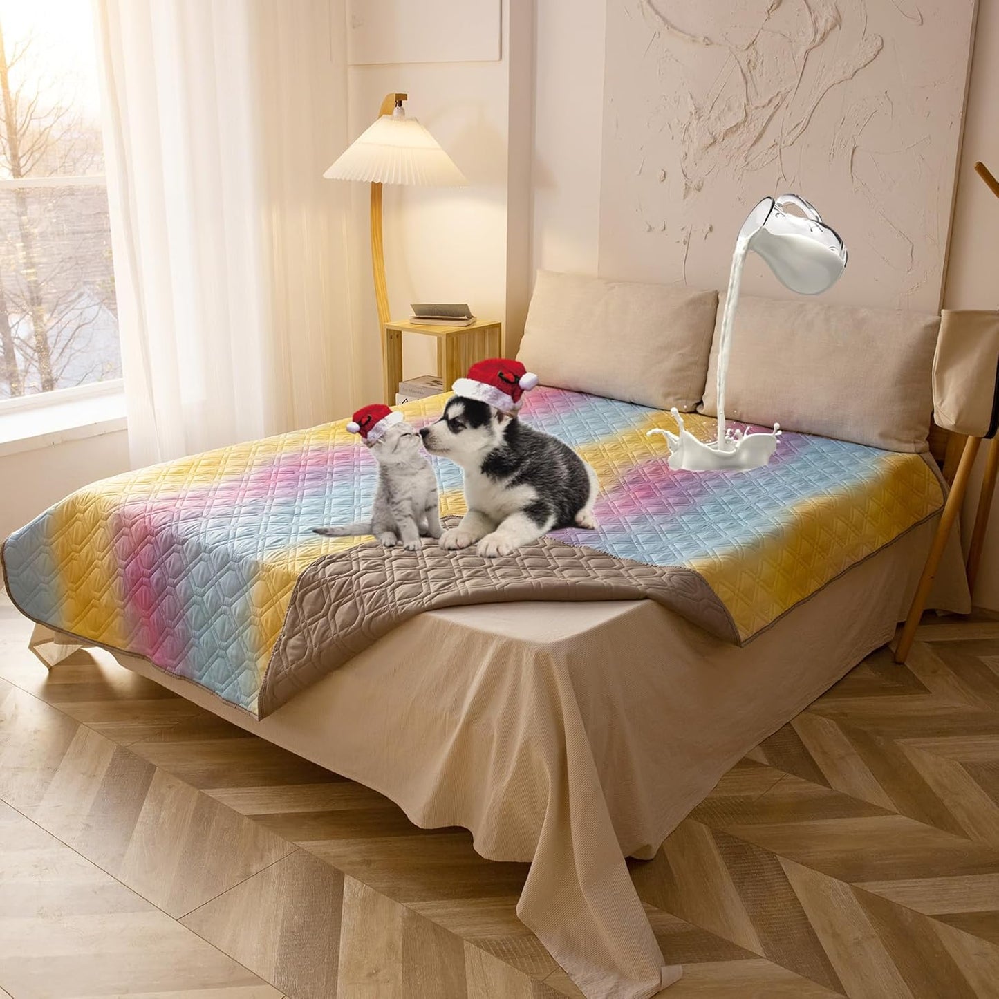 100% Waterproof Dog Bed Cover 86x82 inch Reversible Changing Pad Reusable Camping Mat for Kids/Pet/Dog/Cat Washable Geometric Embroidery Blanket Patchwork Rainbow Ombre Printed+Gray