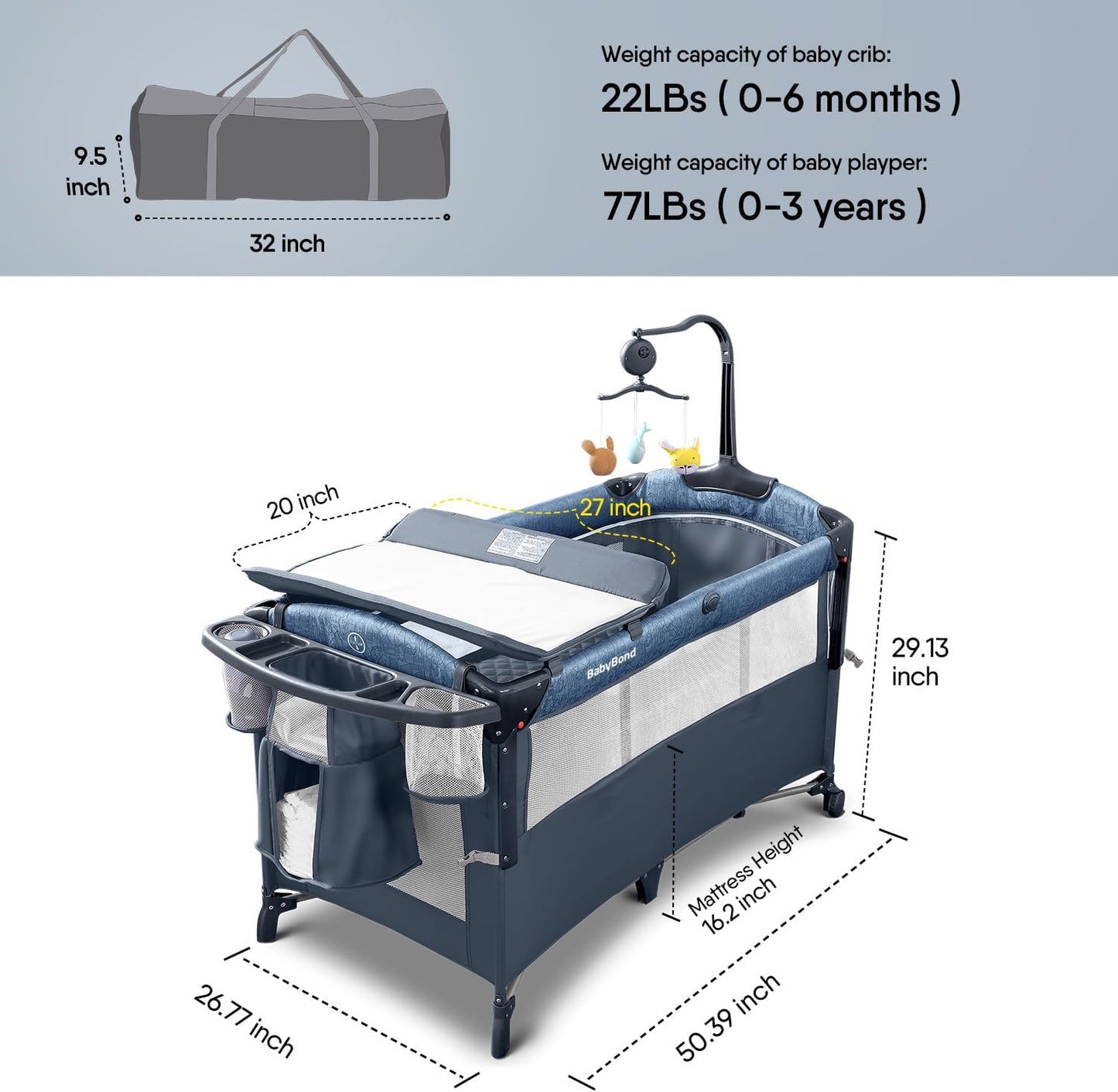 BabyBond Baby Bassinet Bedside Crib, Pack and Play with Sheet, Diaper Changing Table and Music Mobile from Newborn to Toddles, Portable Large Playard