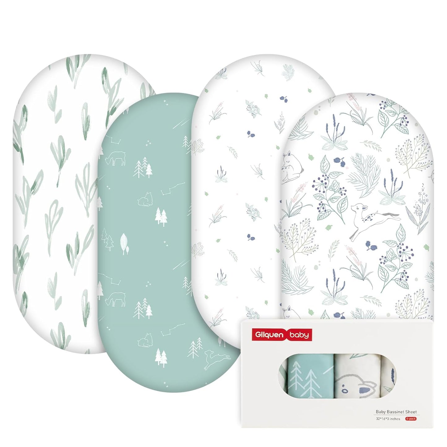Gllquen Baby Bassinet Sheets 4 Pack, Breathable Cozy Fitted Mattress Sheet, Elastic Travel Crib Fashionable Pattern, Standard Cradle Safe Sheets for Baby Boys Girls 32"x16"(Forest Deer)