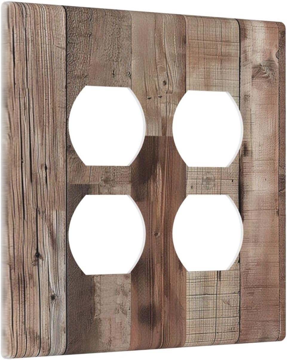 Decorative Outlet Covers Retro Wood Plank Vintaga Wooden Board 2 Gang Wall Plate Cover Double Duplex Receptacle Two Switch Light Switch Cover Plate Jumbo Dual Faceplate for Farmhouse