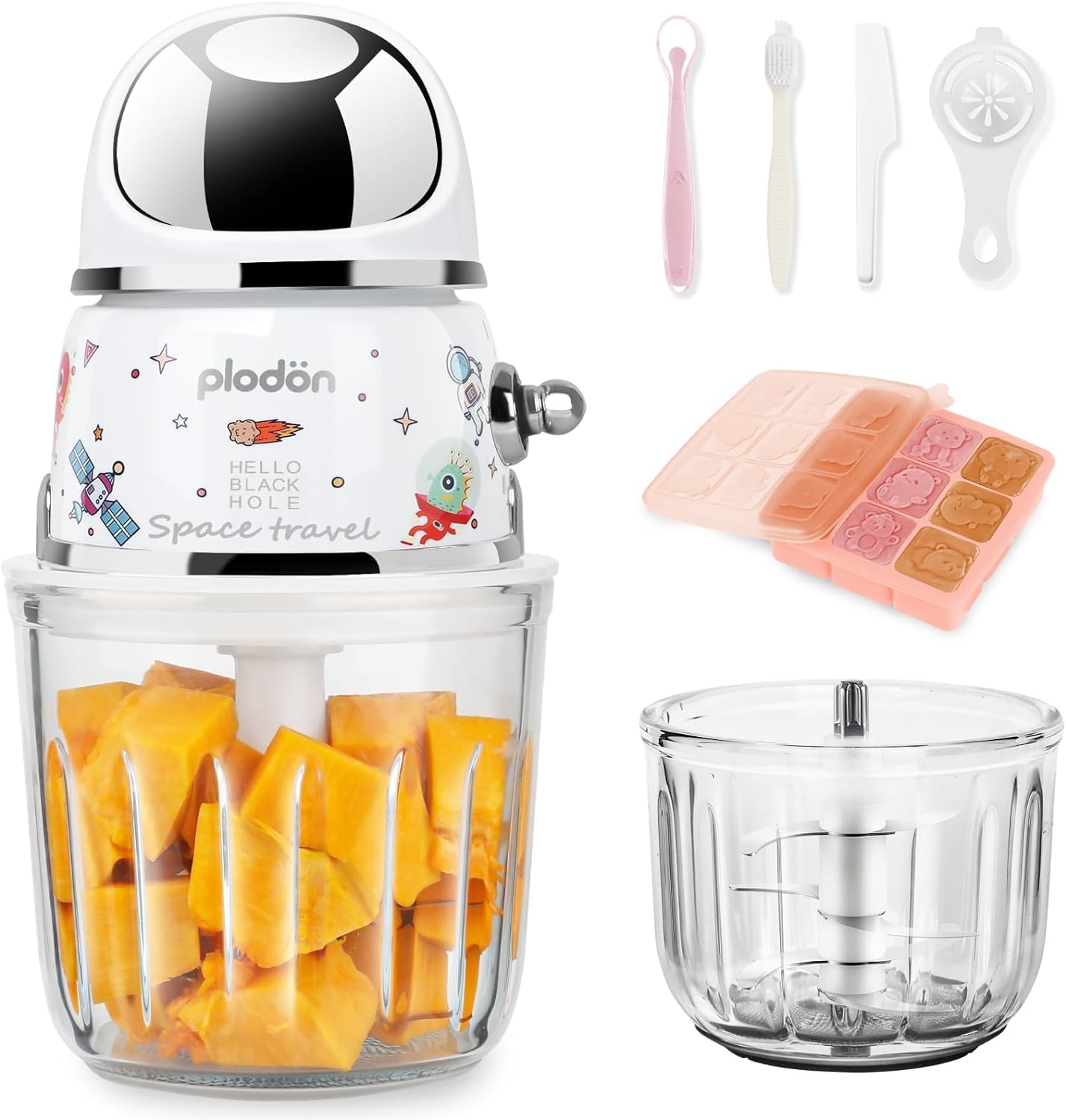 Baby Food Maker Mini Cute and Small Food Processor Puree Blender Grinder Chopper 1.2 Cup Glass Bowl with 6 Blade Electric (Spaceman-White)