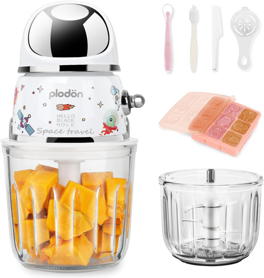 Baby Food Maker Mini Cute and Small Food Processor Puree Blender Grinder Chopper 1.2 Cup Glass Bowl with 6 Blade Electric (Spaceman-White)
