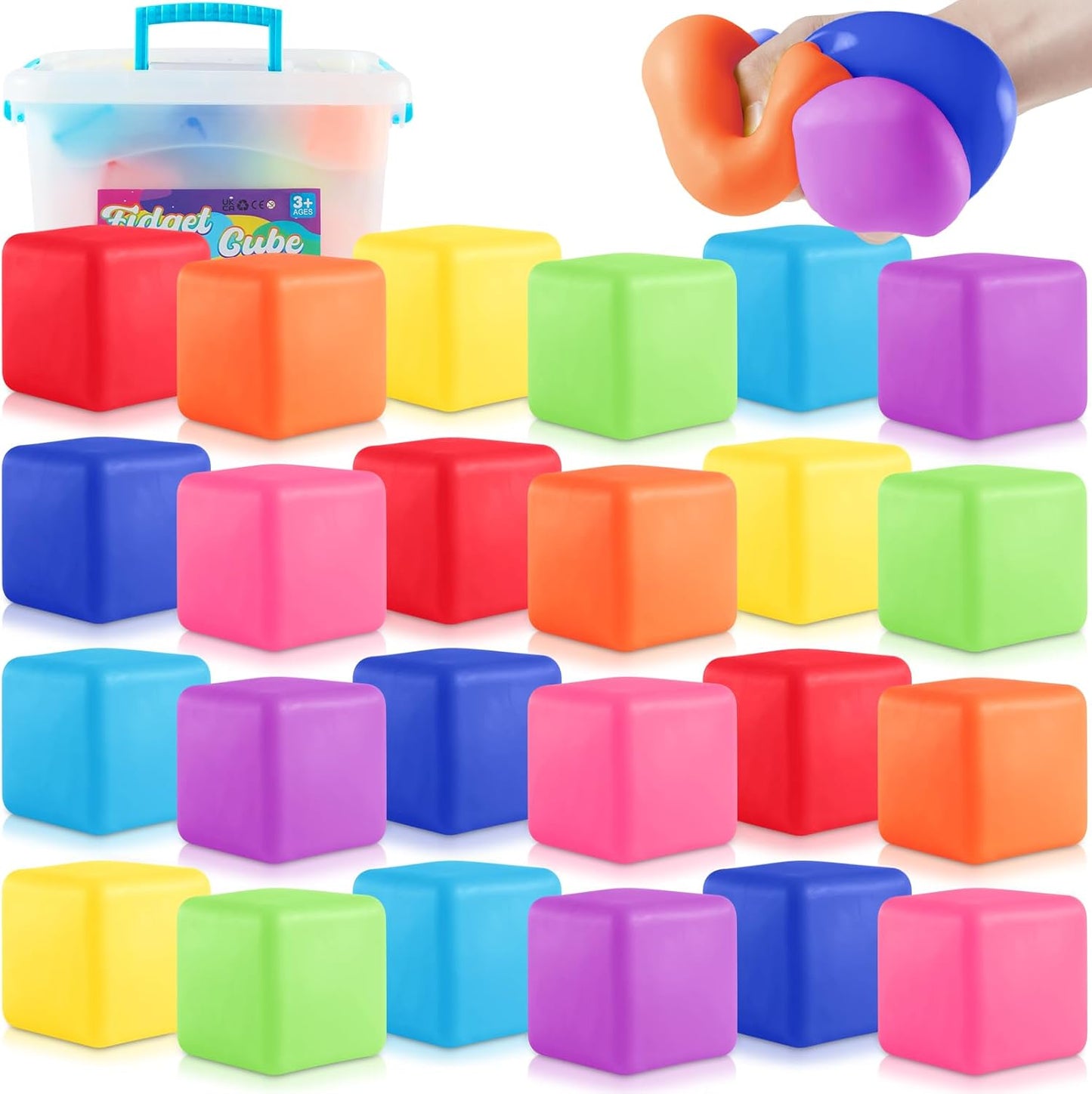 Fidget Toys Stress Cube, 24Pcs Stress Balls Bulk for Kids and Adult, Slow Rising Stress Ice Cube Stress Balls, Dough Stress Balls Soft Fidget Squishy Toys for Anxiety Relief, Square Ball (24PACK)