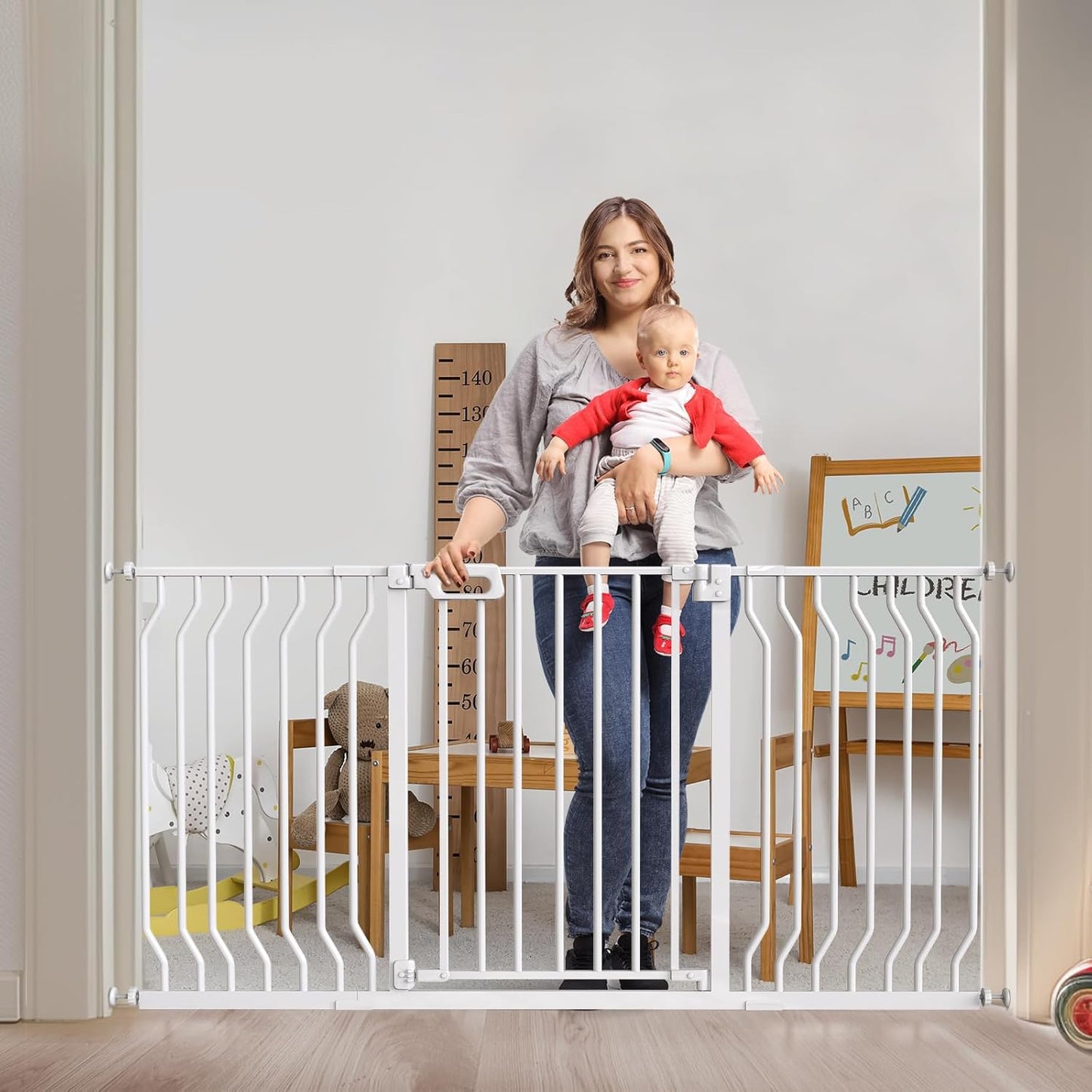Mom's Choice GROWNSY Baby Gate, 57"-62" Auto-Close Dog Gate for Stairs & Doorways, Pressure-Mounted Easy Install Baby Gate - No Drill, Walk Through, Safe & Durable