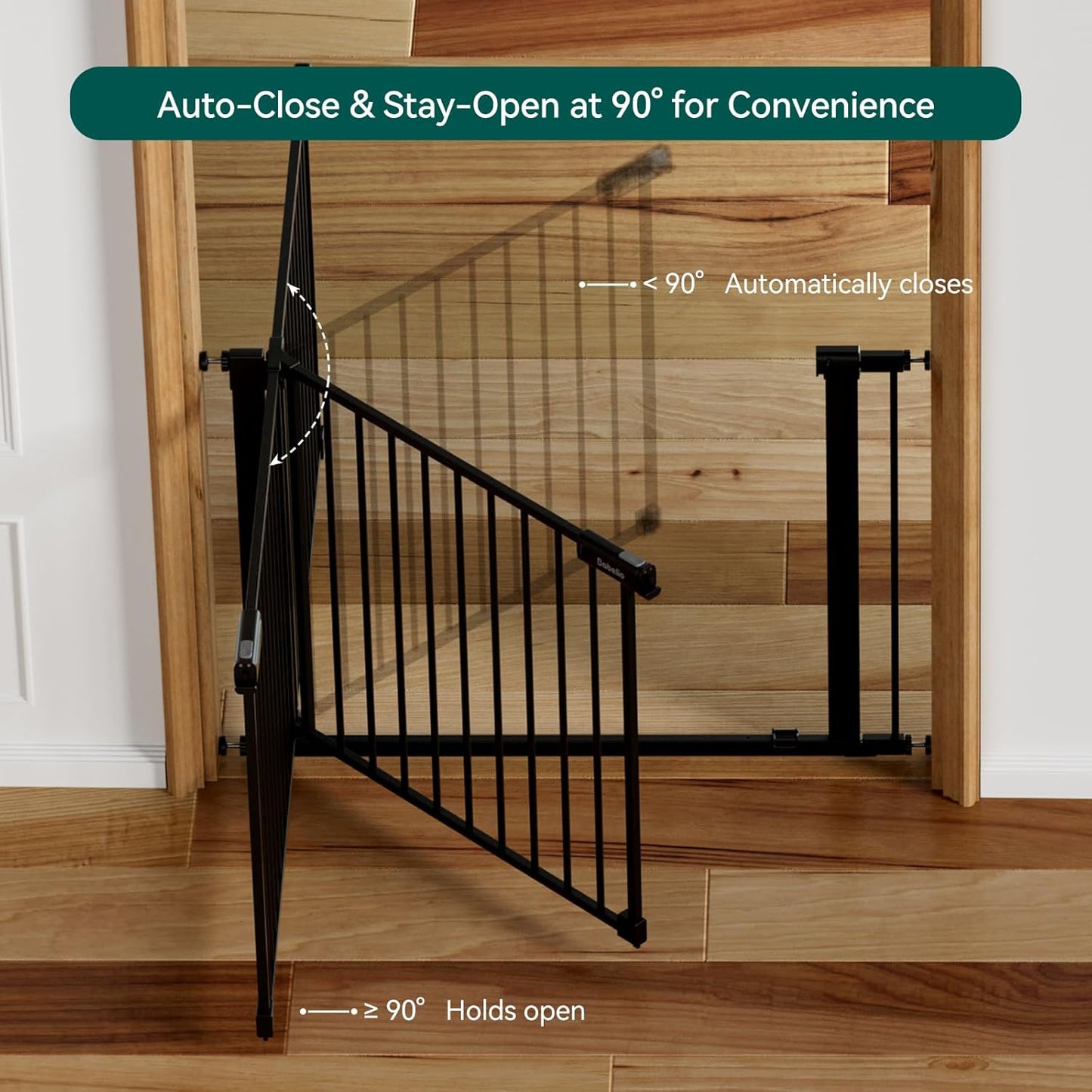 BABELIO Baby Gate for Doorways and Stairs, 26-31" Pet Gate with Wide Walk Thru Door and Lock Indicator, No Drill Pressure Mounted Safety Gate with Double Lock and Self-Closing, Black