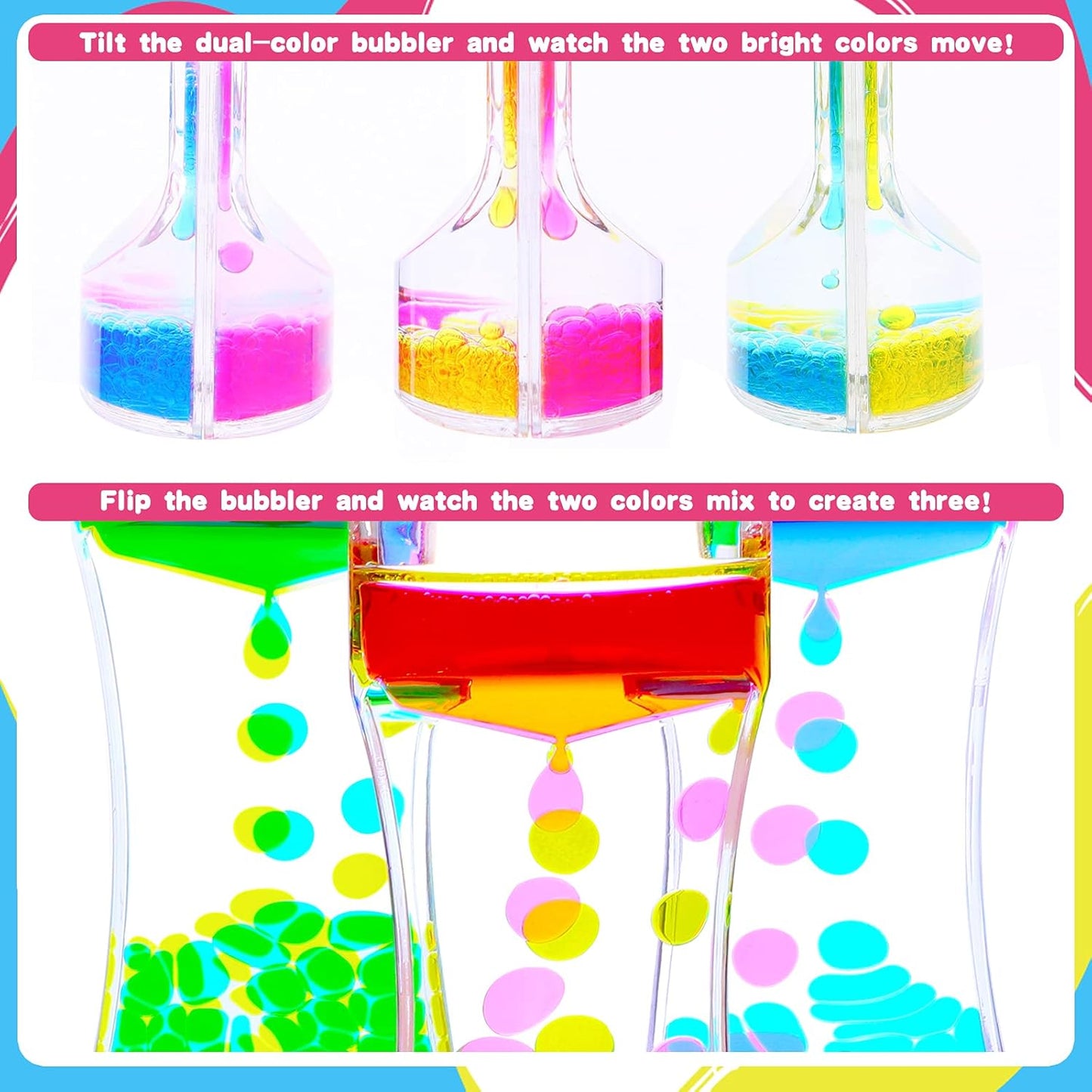 Liquid Motion Bubbler Timer, Colorful Liquid Hourglass Sensory Toys with Floating Droplets for Calming, Relaxing and Fun2 Pack Fidget Toys for Kids and Adults (Red/Pink+Green/Blue)