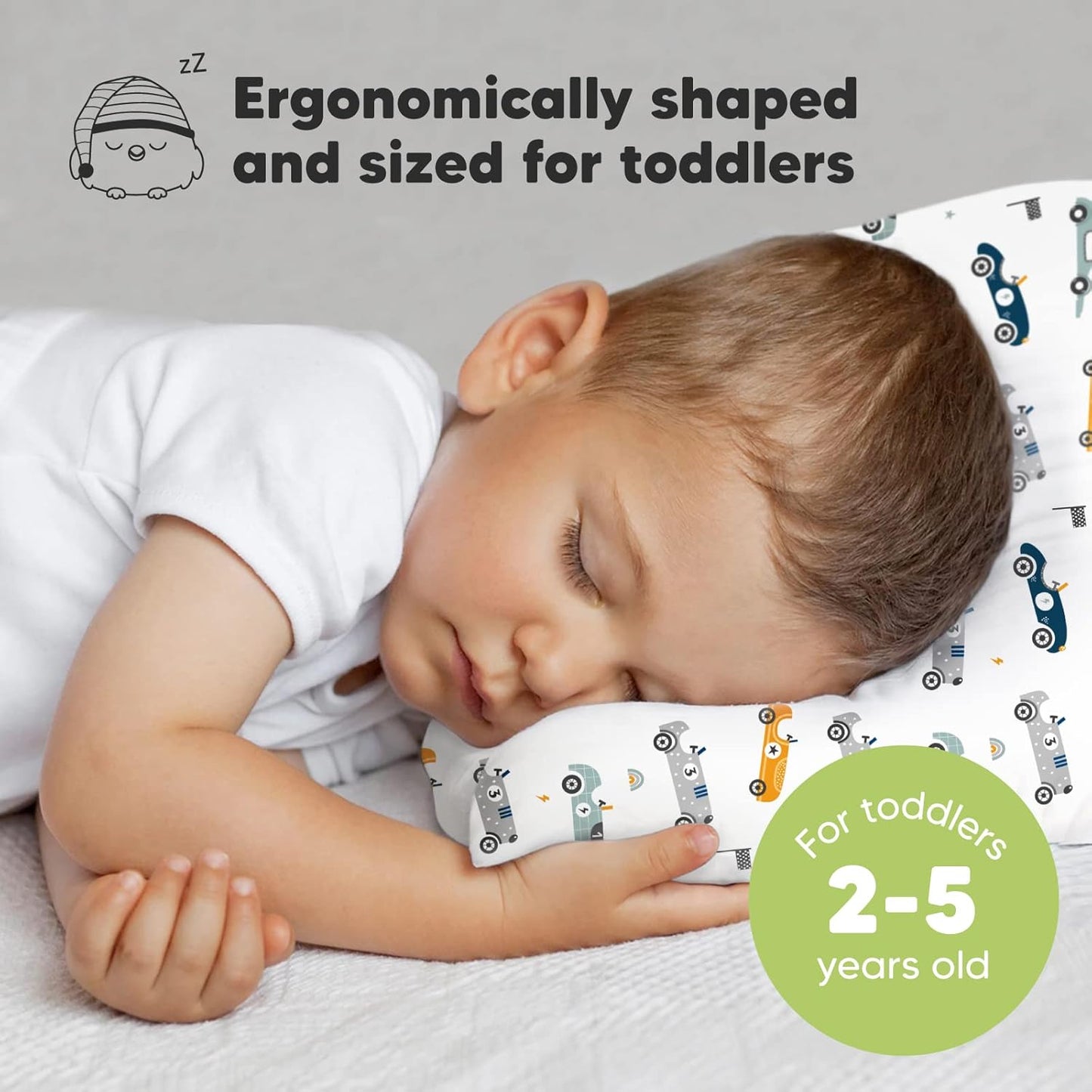 KeaBabies Toddler Pillow with Pillowcase, Jumbo 14X20 - Soft Organic Cotton Toddler Pillows for Sleeping - Machine Washable - Perfect for Travel, Toddler Bed Set (Racecars)