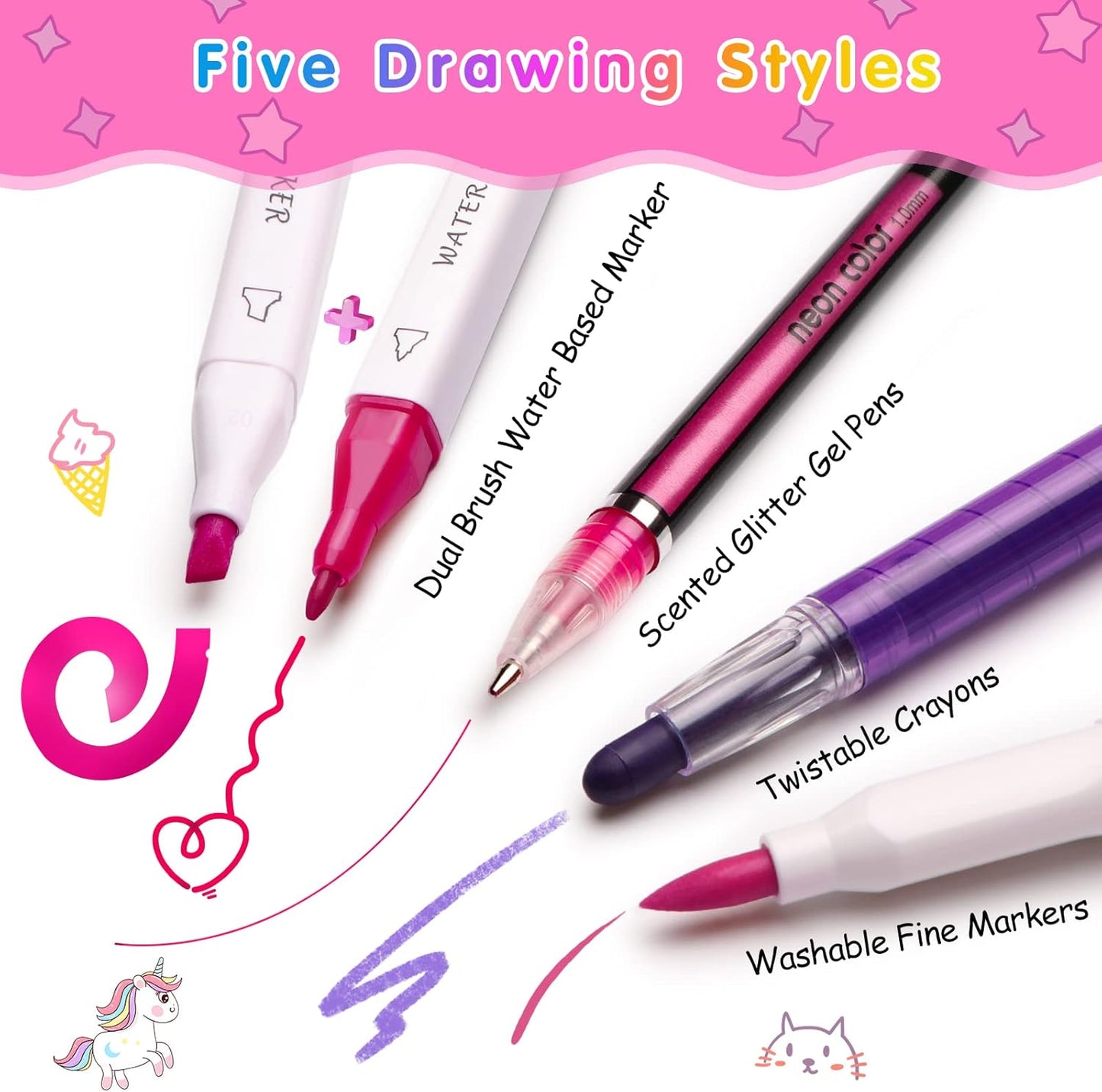 beefunni Unicorn Washable Markers Set 48 pcs with Glitte Pencil Case, Art Supplies for Kids Ages 4-6-8, Arts Crafts Coloring Set with Stickers - Birthday Gifts for Girls 4 5 6 7 8 9 Year Old