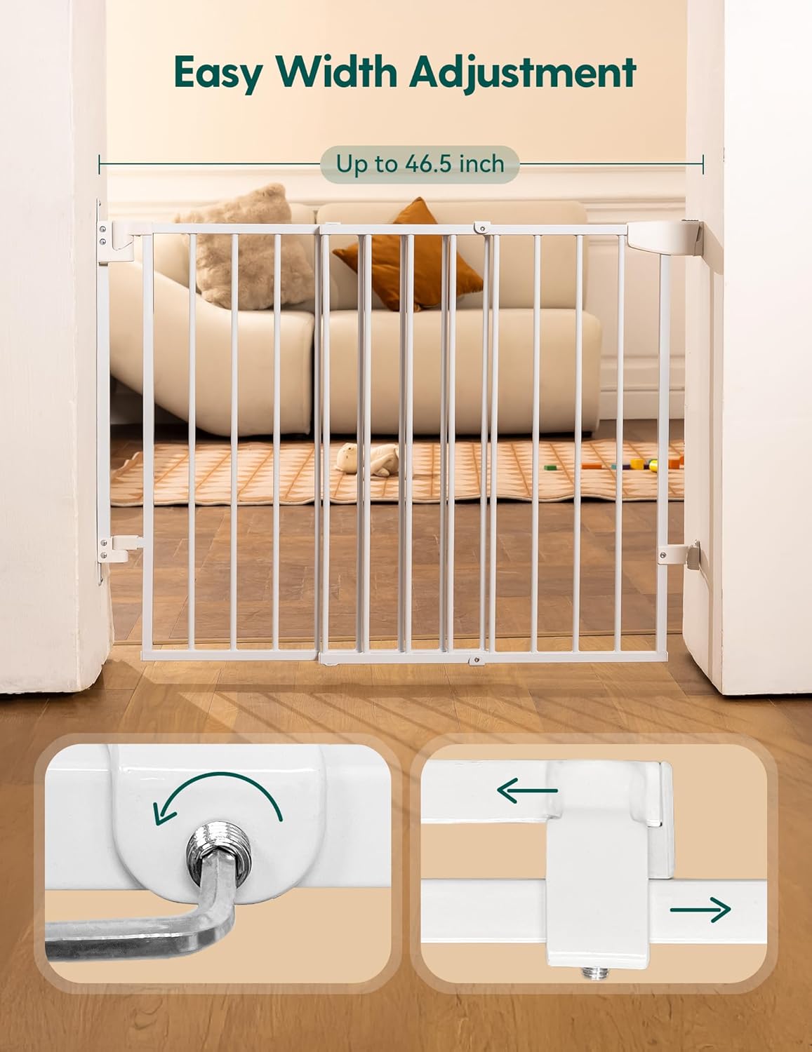 Babelio 29.7-46.5" No Bottom Bar Baby/Dog Gate for Stairs, House and Doorways, Auto Close Safety Pet Gates with Large Walk Thru Door, Hardware Mount, White