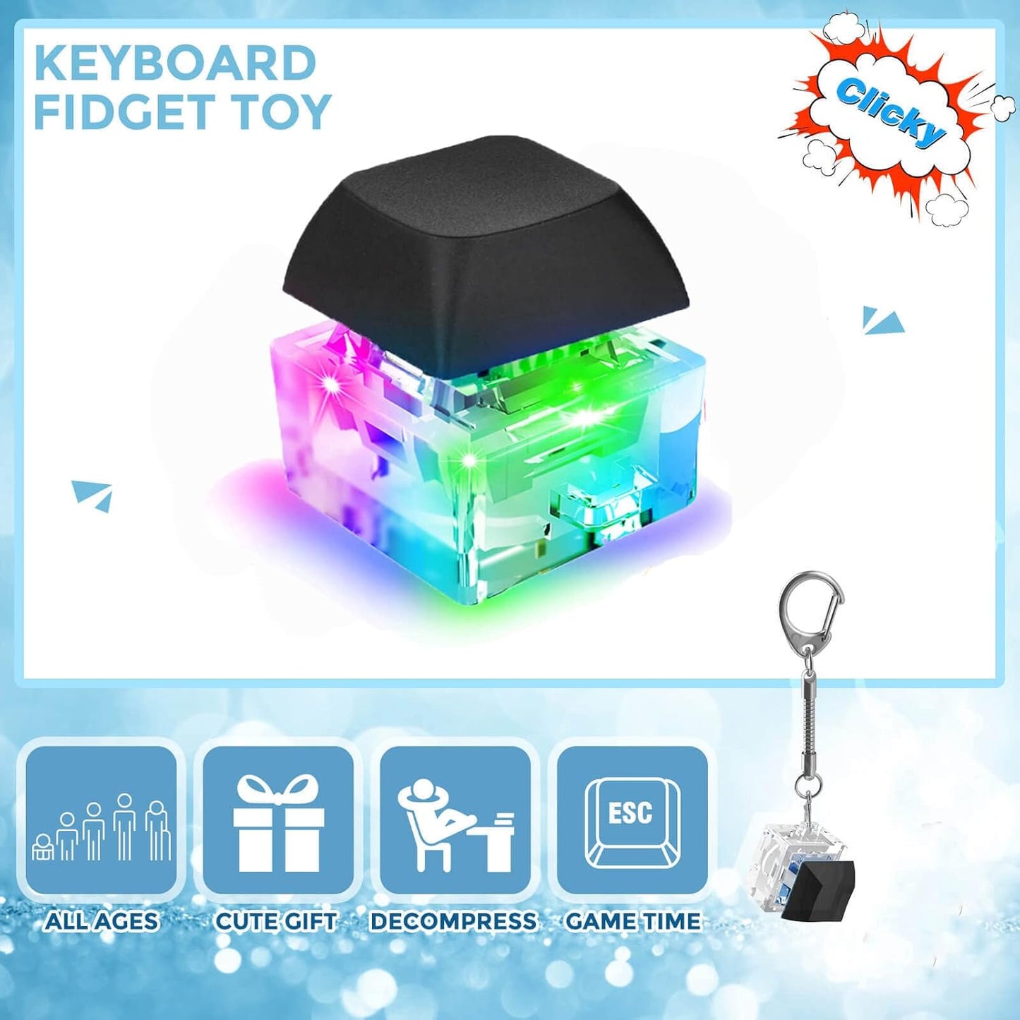 Keyboard Fidget Toys, Keyboard Fidget Keychain Keyboard Decompression Toys Keyboard Fidget Toy Button Stress Relief Gifts for Adult and Kids,Finger Clicker Toys,ADHD Toy,Cool Fidgets(LED Light-Black)