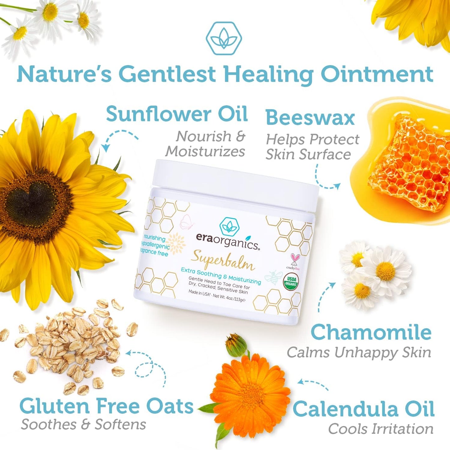 Era Organics Healing Ointment for Babies - USDA Certified Organic Natural Moisturizer Gentle on Sensitive Skin Prone To Baby Eczema, Cradle Cap (Infant Seborrheic Dermatitis), Rashes, Hives 4oz