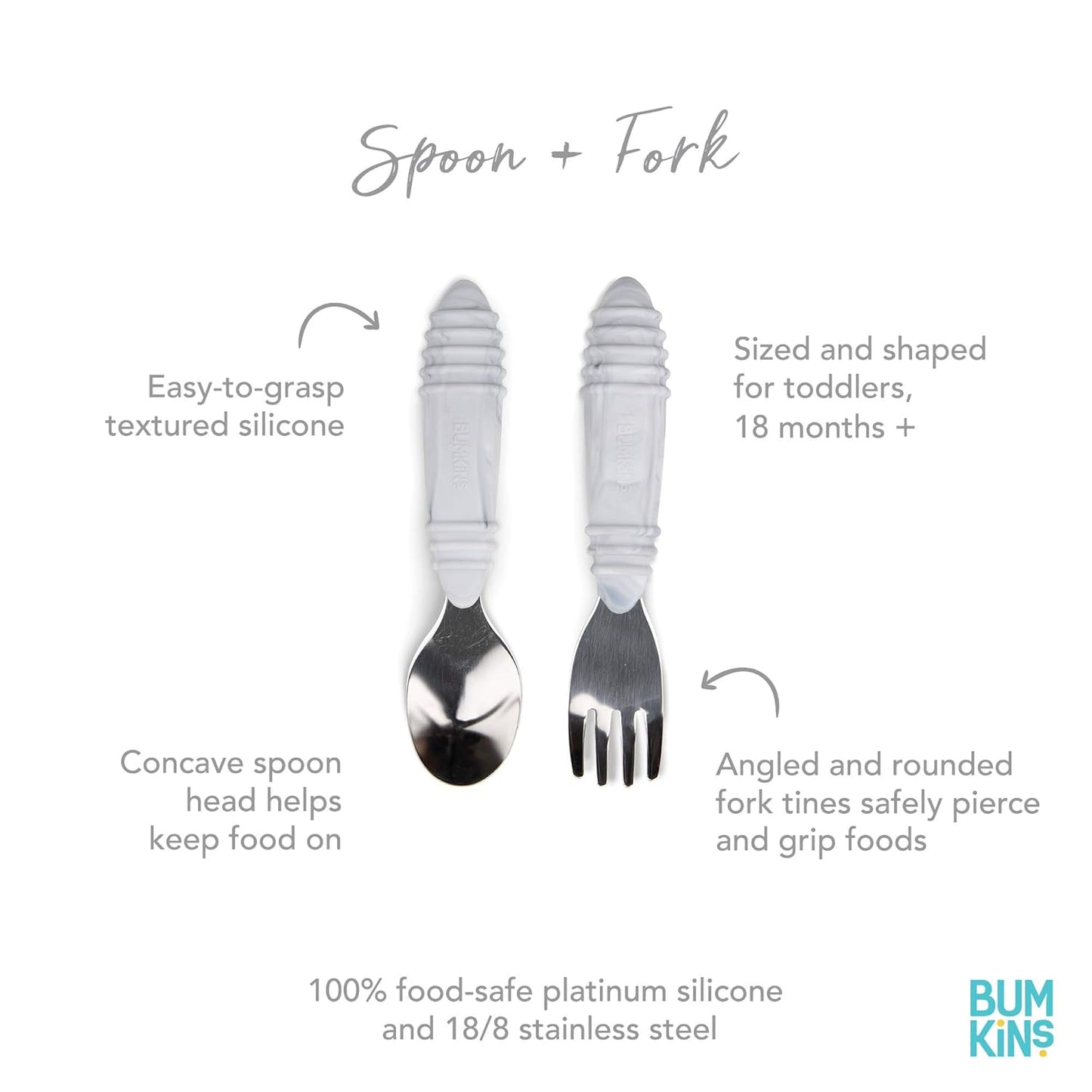 Bumkins Toddler Utensils, Kids Size Fork and Spoon Set, Silicone and Stainless-Steel Training Silverware, Angled Forks / Sporks for Self-Feeding, Children Hold Learning to Eat, 18 Months Up, Marble