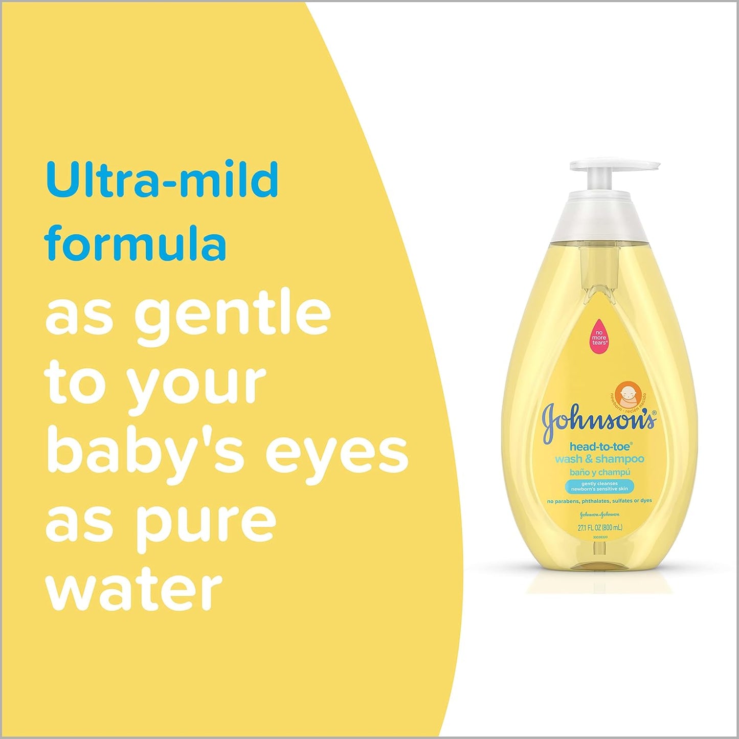 Johnson's Head-to-Toe Gentle Tear-Free Baby & Newborn Wash & Shampoo, Sulfate-, Paraben- Phthalate- & Dye-Free, Hypoallergenic Wash for Sensitive Skin & Hair, 27.1 fl. Oz (Pack of 2)