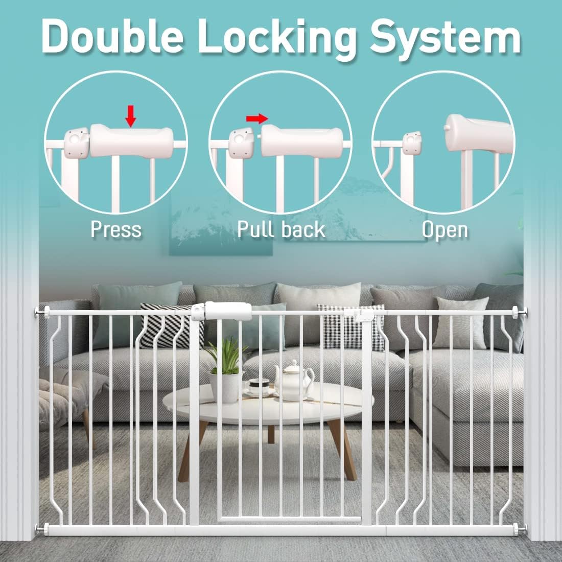 WAOWAO Baby Gate 52.76-57.45" Extra Wide Pressure Mounted Walk Through Swing Auto Close Safety White Metal Toddler Kids Child Dog Pet Puppy for Stairs,Doorways,Kitchen