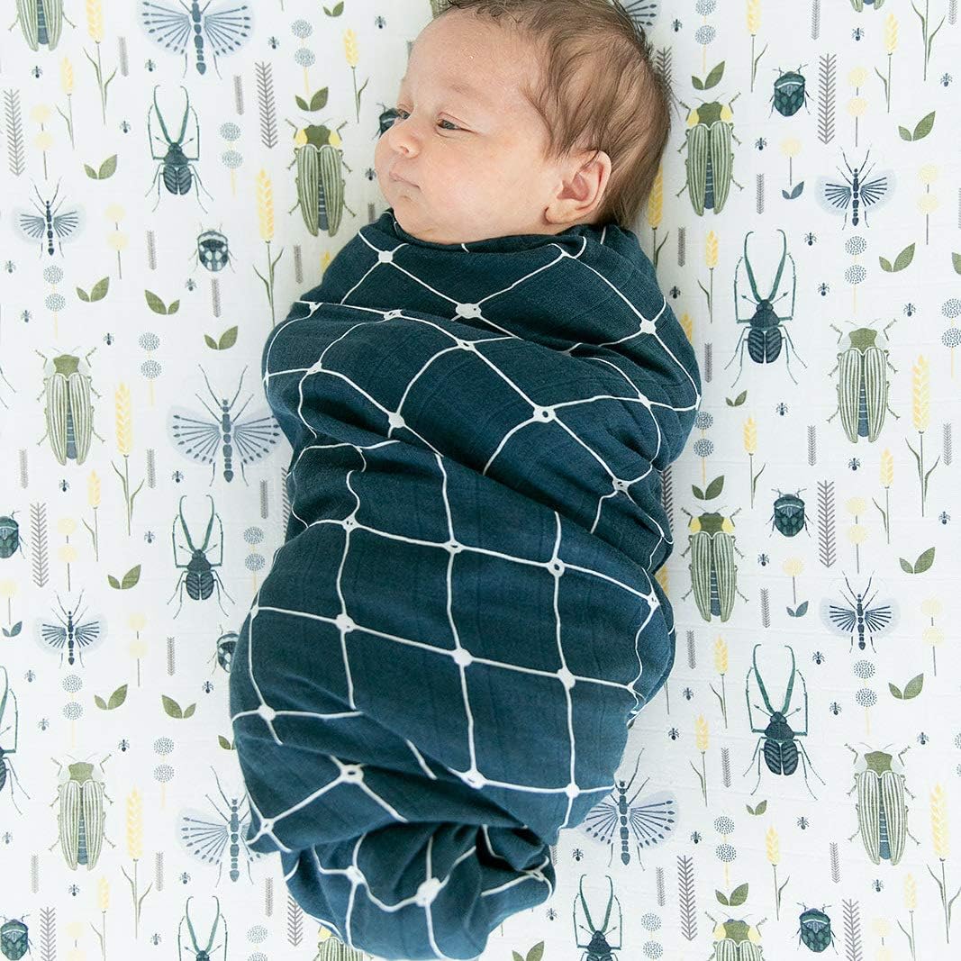 GRACED SOFT LUXURIES Premium Muslin Baby Swaddle Blankets 2 Pack | Large 47 x 47 inch | 100% Cotton Muslin Newborn Infant Swaddle Receiving Blanket Wrap (Busy Bugs | Dotted Grid)